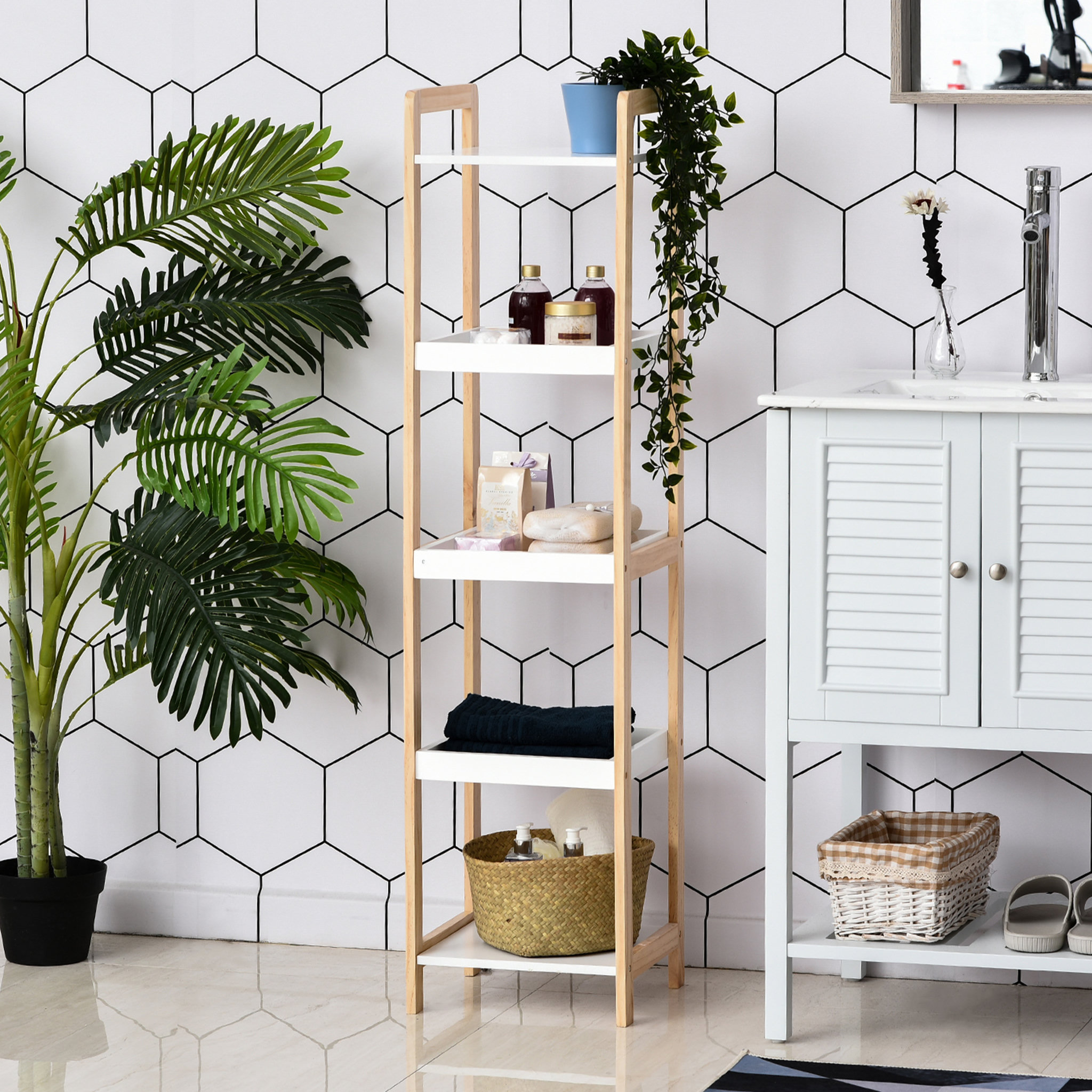 Voir la diapositive 3 : HOMCOM Etagère en bambou de salle de bain étagère debout 3 paniers + 2 étagères dim. 32L x 30l x 130H cm beige blanc