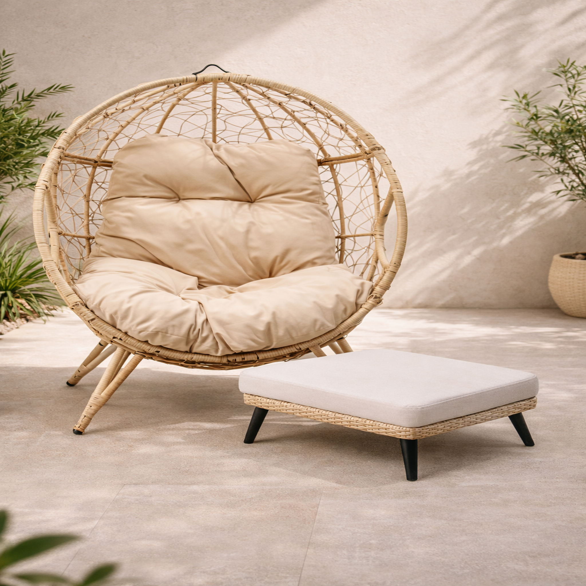 Voir la diapositive 2 : CONCEPT USINE Ensemble d'extérieur : fauteuil suspendu effet rotin et repose-pieds avec coussin beige jane