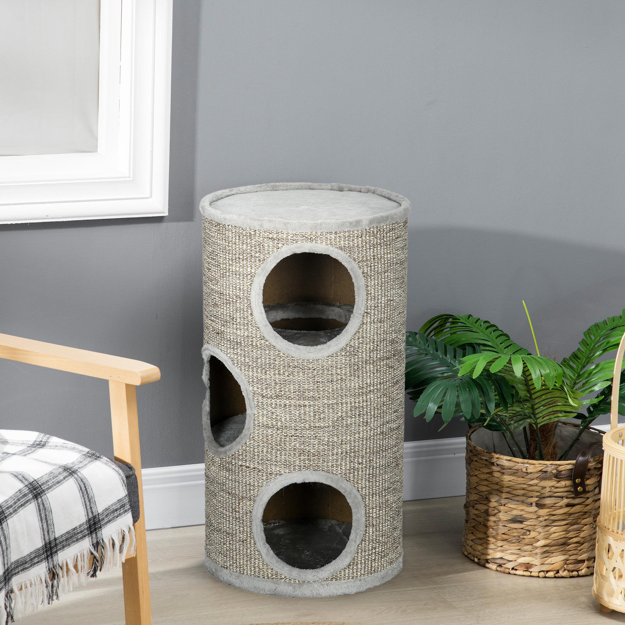 Voir la diapositive 2 : PAWHUT Arbre à chat cylindrique - tour à griffer pour chat - tonneau griffoir - 3 niveaux + plateforme - sisal peluche gris clair