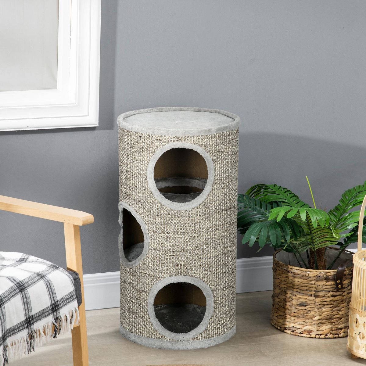 PAWHUT Arbre à chat cylindrique - tour à griffer pour chat - tonneau griffoir - 3 niveaux + plateforme - sisal peluche gris clair