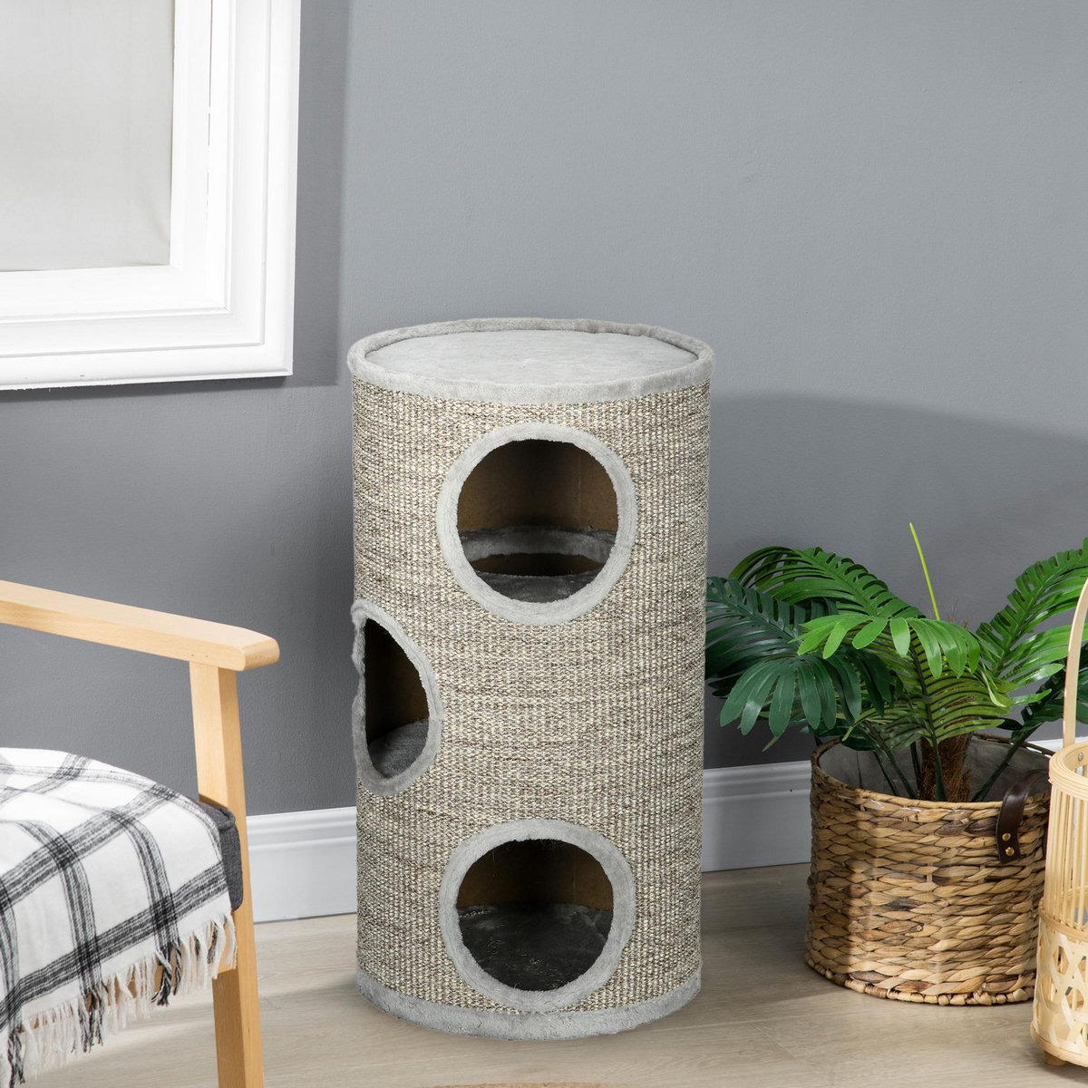 PAWHUT Arbre à chat cylindrique - tour à griffer pour chat - tonneau griffoir - 3 niveaux + plateforme - sisal peluche gris clair