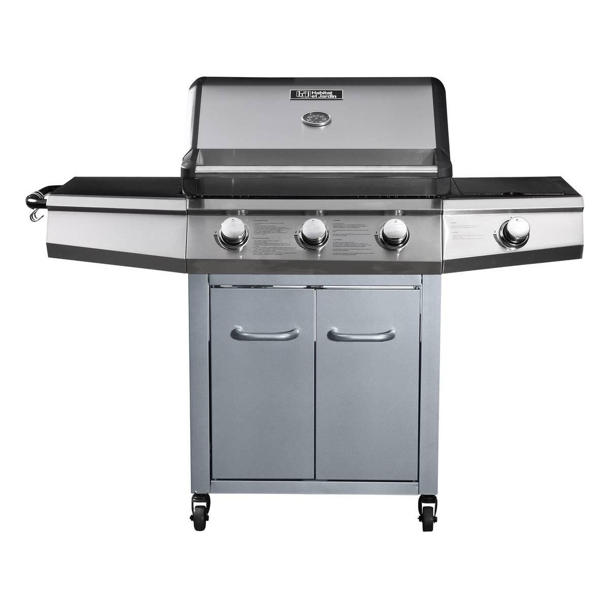 Habitat et Jardin Barbecue Gaz avec LED  Bingo 4  - 4 brûleurs dont 1 latéral - 14kW + Housse protection - Argenté