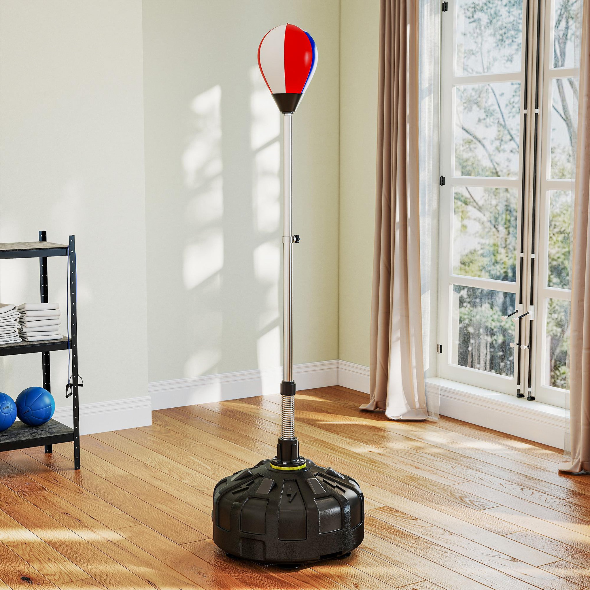 Voir la diapositive 2 : HOMCOM Punching ball sur pied hauteur réglable h.147 -165cm - ressort central, socle ventouses - bleu blanc rouge