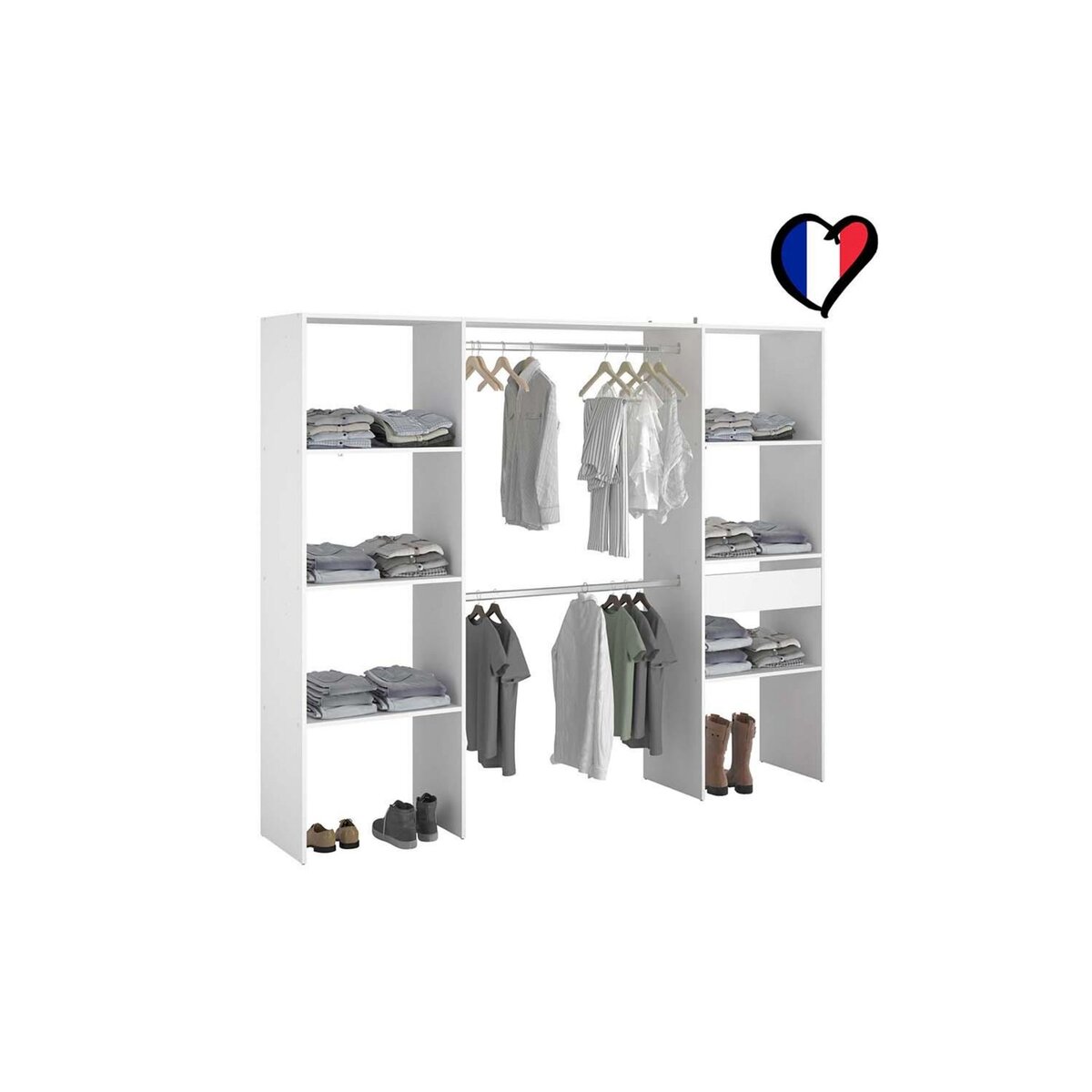 CONCEPT USINE Dressing blanc 6 étagères, 1 tiroir, 2 penderies 220 x 40 x 180 cm ELYSEE