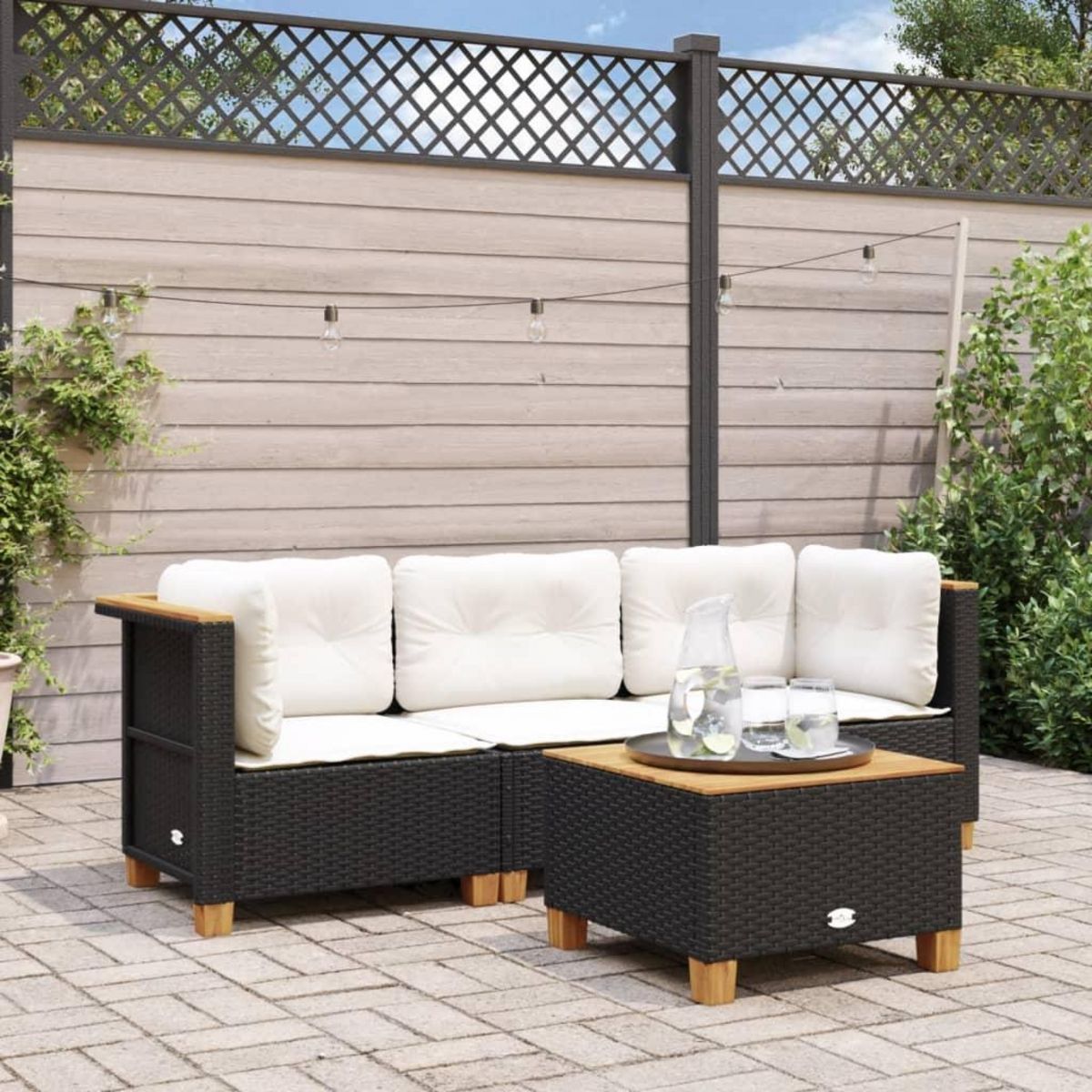 VIDAXL Canape de jardin avec coussins 3 places noir resine tressee