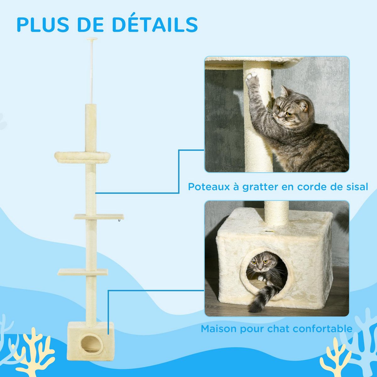 PAWHUT Arbre à chat hauteur réglable 230-260 cm - niche, 3 plateformes - douce peluche courte beige