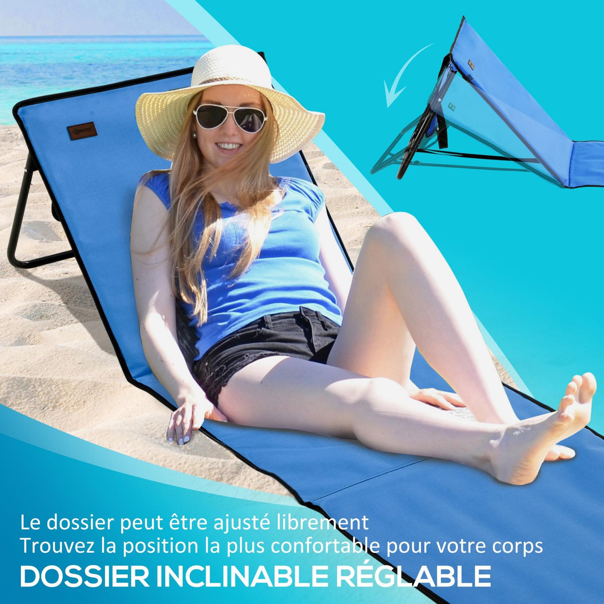 OUTSUNNY Lot de 2 tapis de plage rembourrés pliables - matelas de plage - dossier inclinable, rangement - métal polyester bleu