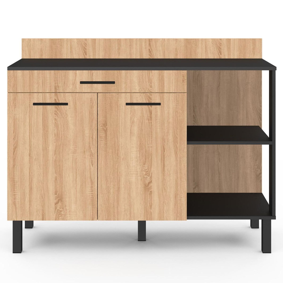 ID MARKET Buffet bas de cuisine 120 cm CINA plan de travail H.83 cm 2 portes + tiroir noir et façon hêtre