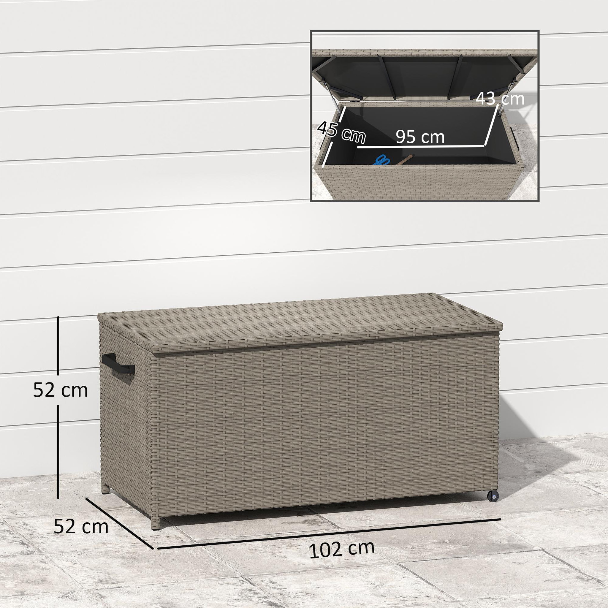 Voir la diapositive 3 : OUTSUNNY Coffre de jardin en résine tressée 184L - 2 roues, poignée, vérins gaz - dim. 102 x 52 x 52 cm - gris