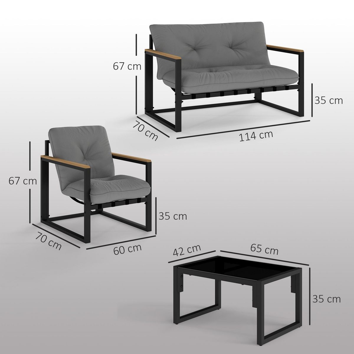 OUTSUNNY Ensemble salon de jardin 4 places 4 pièces coussins gris acier époxy noir plastique effet bois