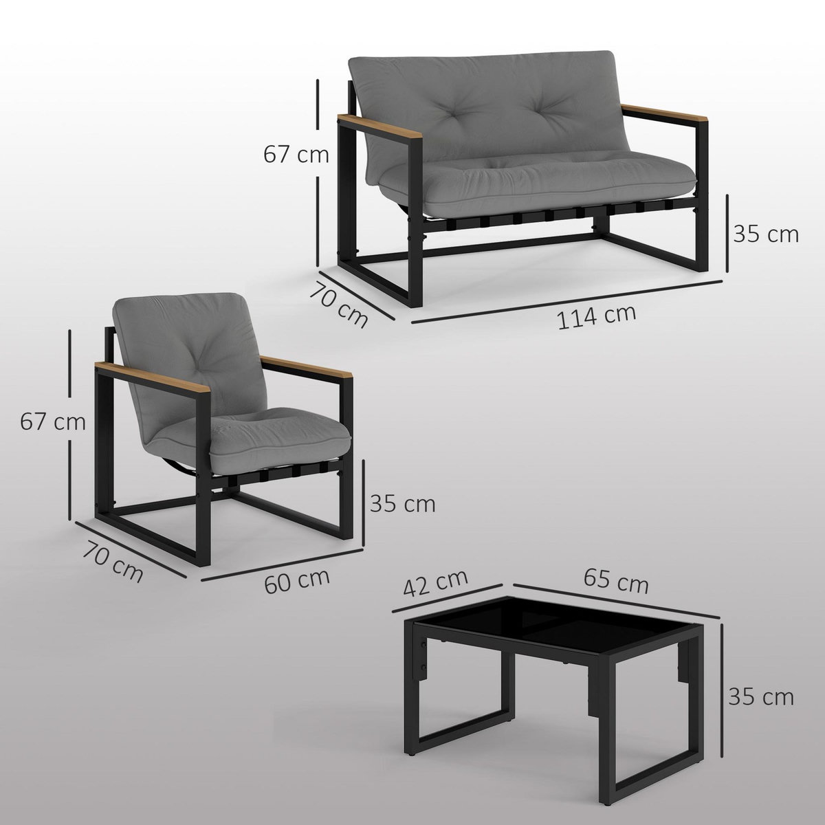 OUTSUNNY Ensemble salon de jardin 4 places 4 pièces coussins gris acier époxy noir plastique effet bois