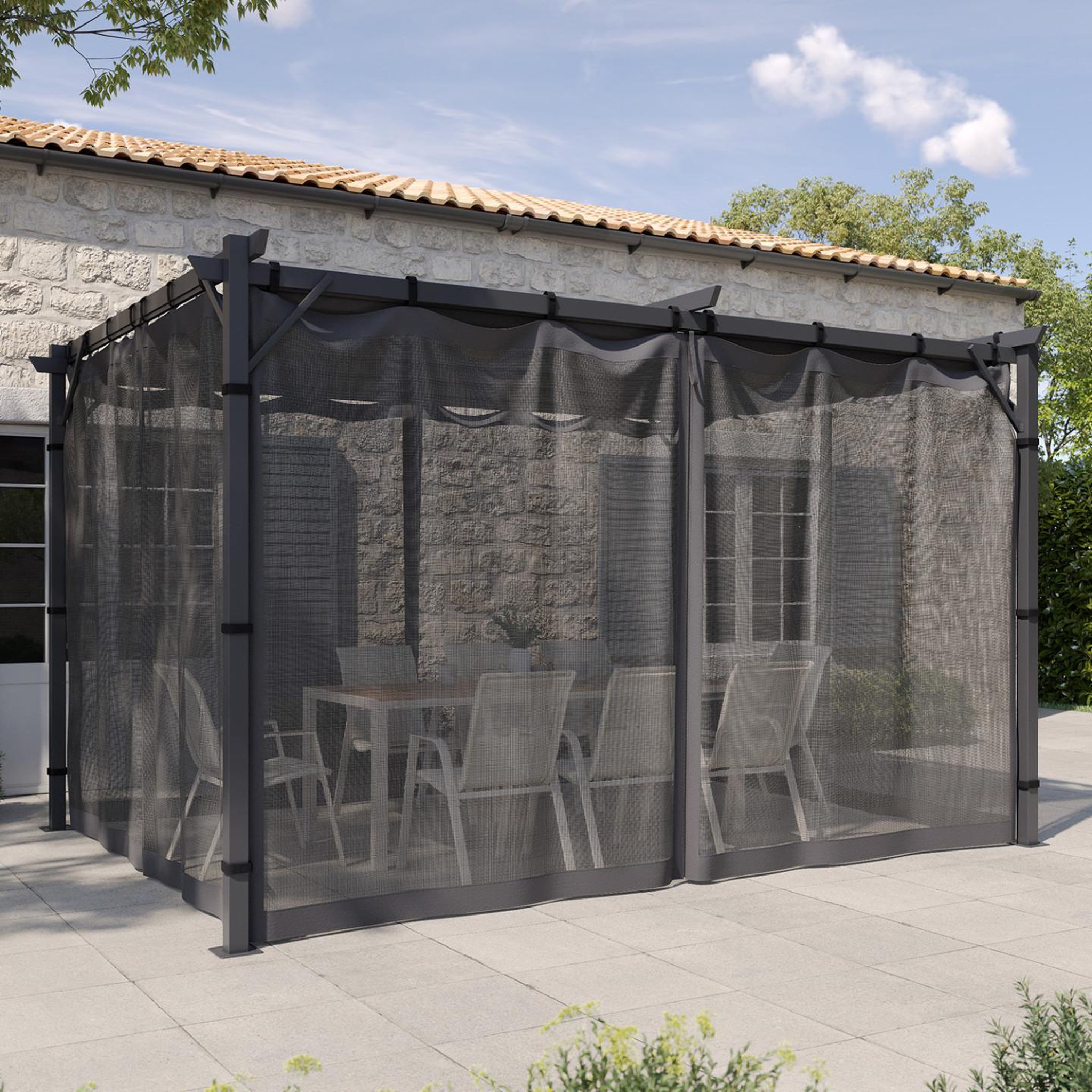 Voir la diapositive 2 : ID MARKET Lot de 4 moustiquaires pour pergola 3x4 gris zippés + crochets