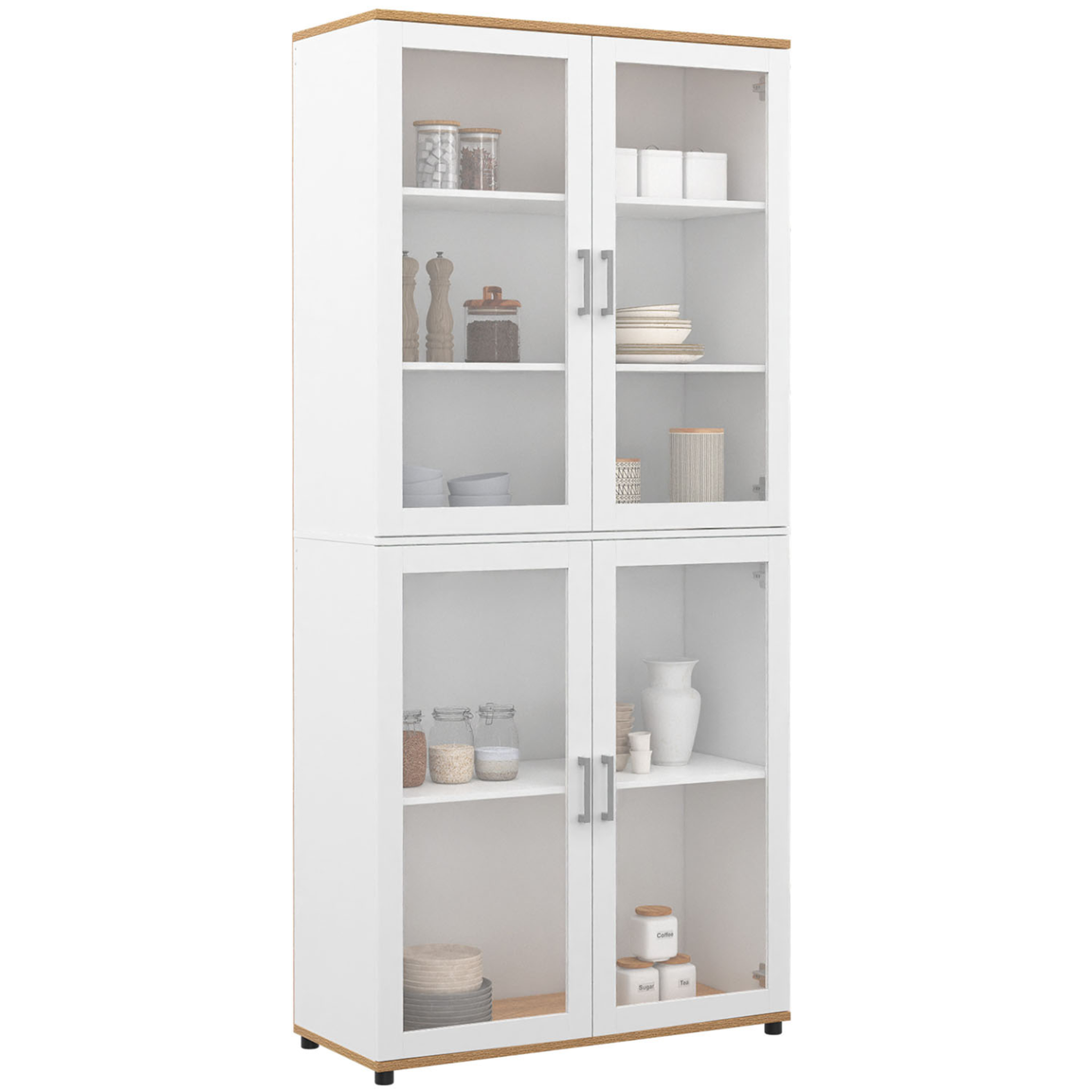 ID MARKET Vitrine buffet haut h. 176 cm vaisselier vito 4 portes vitrées blanc et bois