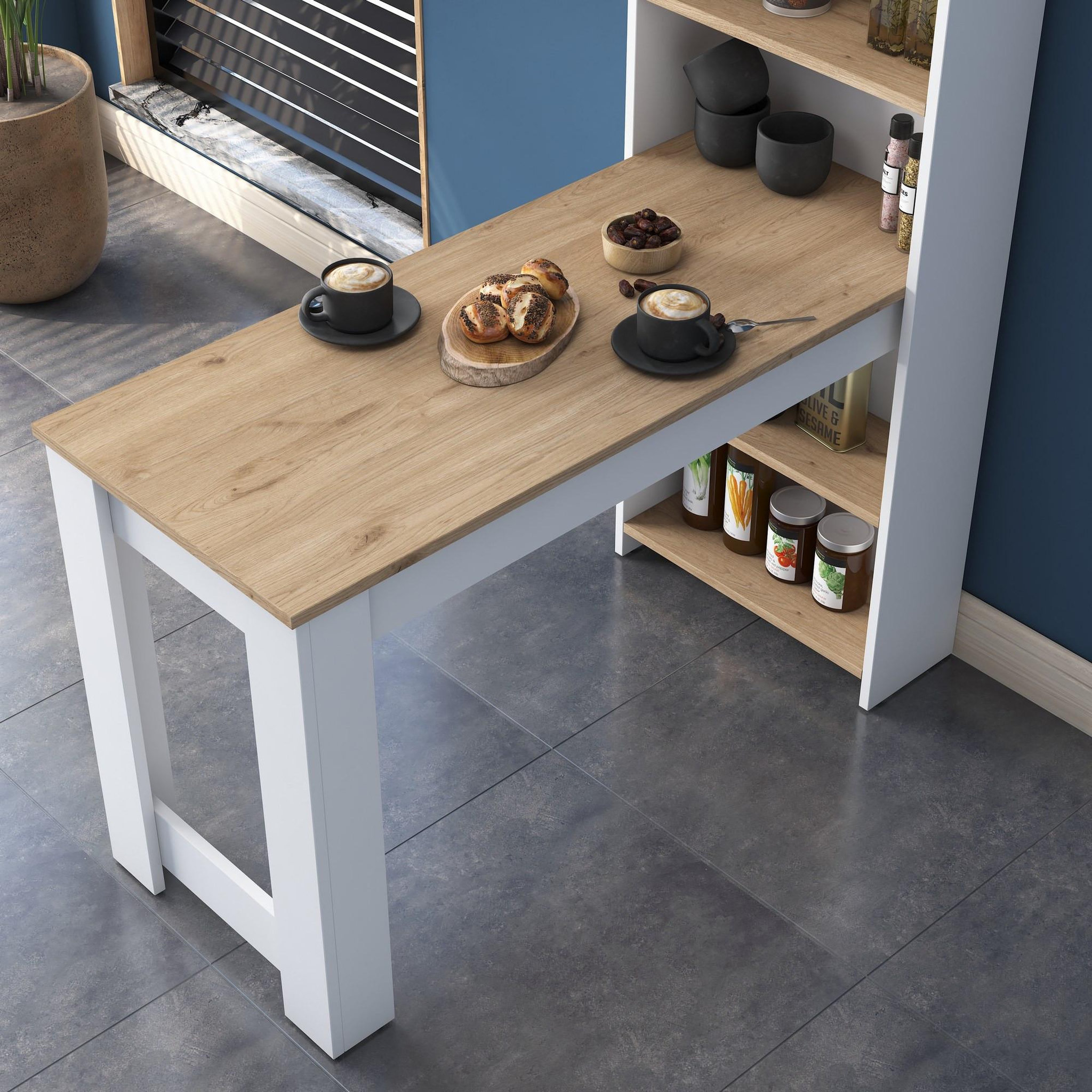 Voir la diapositive 4 : Habitat et Jardin Table de repas avec étagères en bois  jong  - 120 x 54 x 154 cm - marron