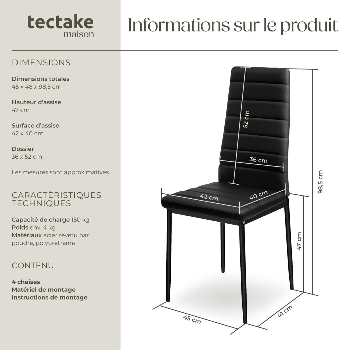 tectake Ensemble de chaises de salle à manger rembourrées avec revêtement aspect cuir noir Lot de 4