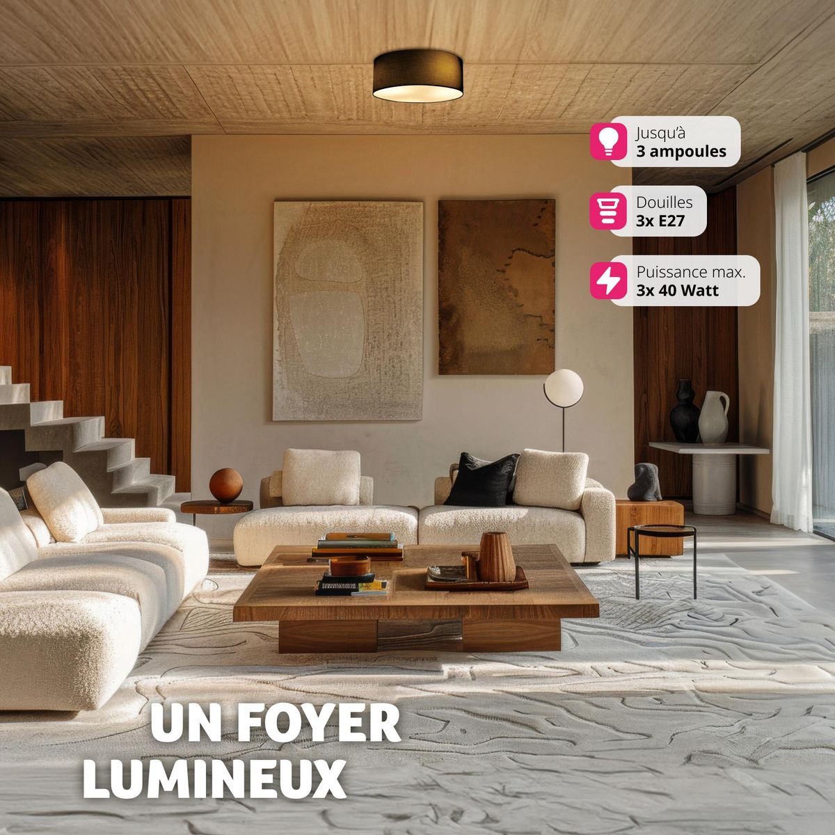 tectake Plafonnier structure en acier noir