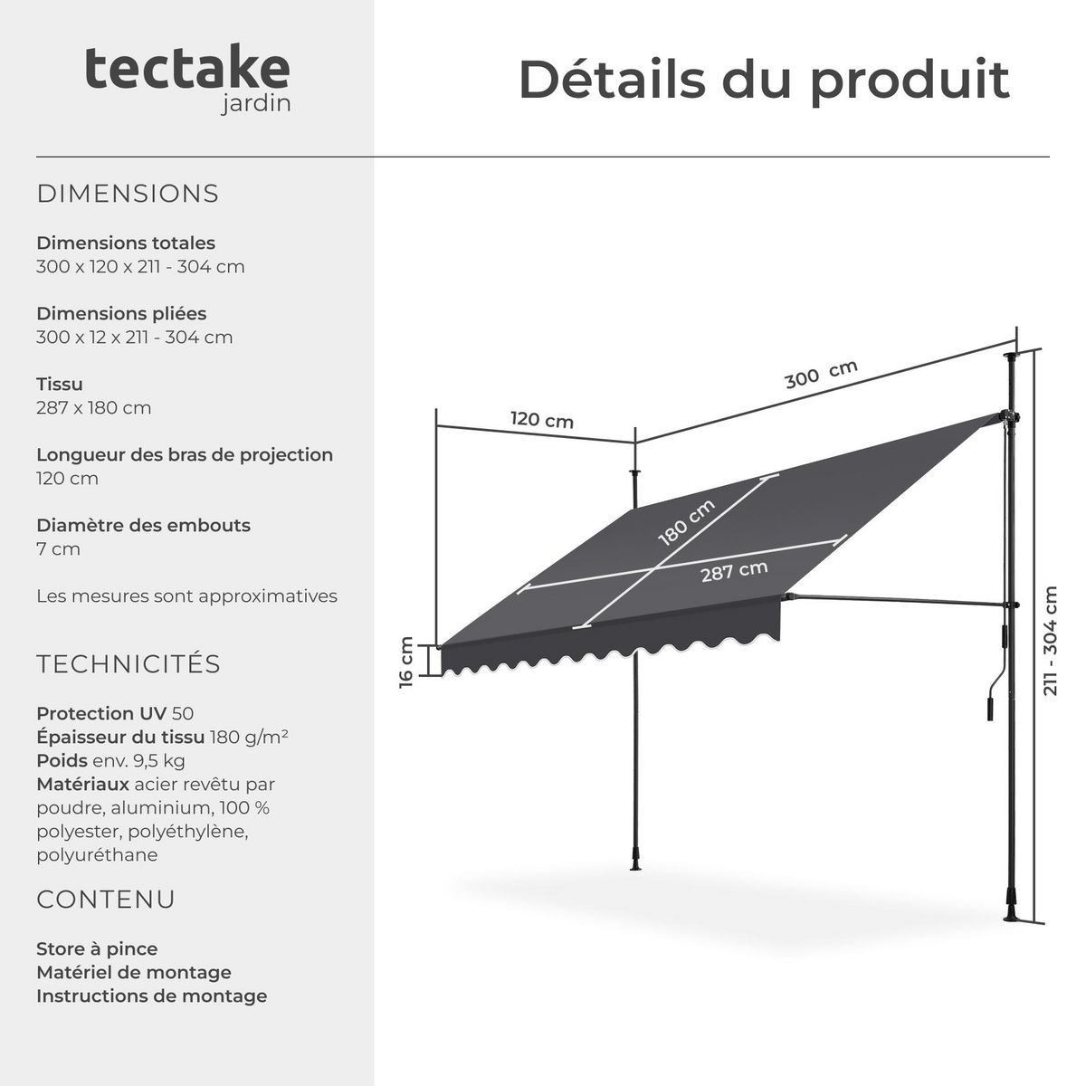 tectake Store à pince sans perçage avec manivelle noir/gris 300 x 180 cm