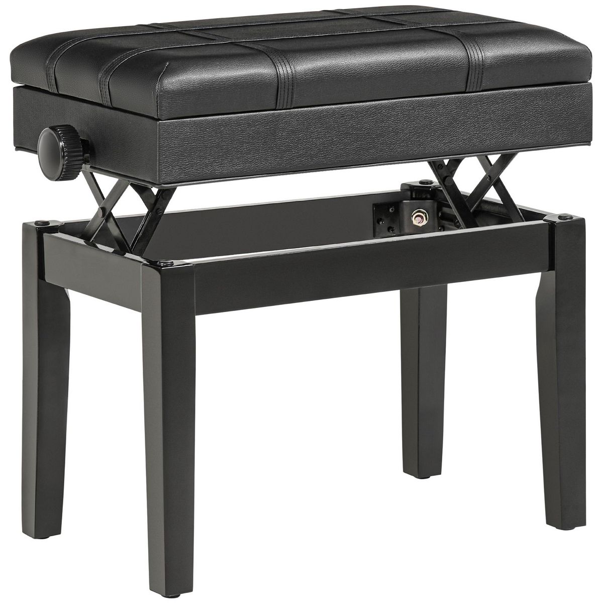HOMCOM Banquette tabouret siège pour piano coffre intégré hauteur réglable bois hévéa assise revêtement synthétique noir