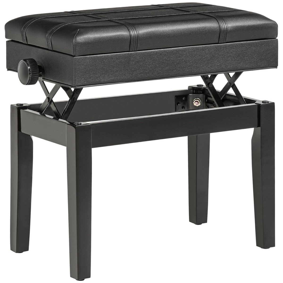 HOMCOM Banquette tabouret siège pour piano coffre intégré hauteur réglable bois hévéa assise revêtement synthétique noir