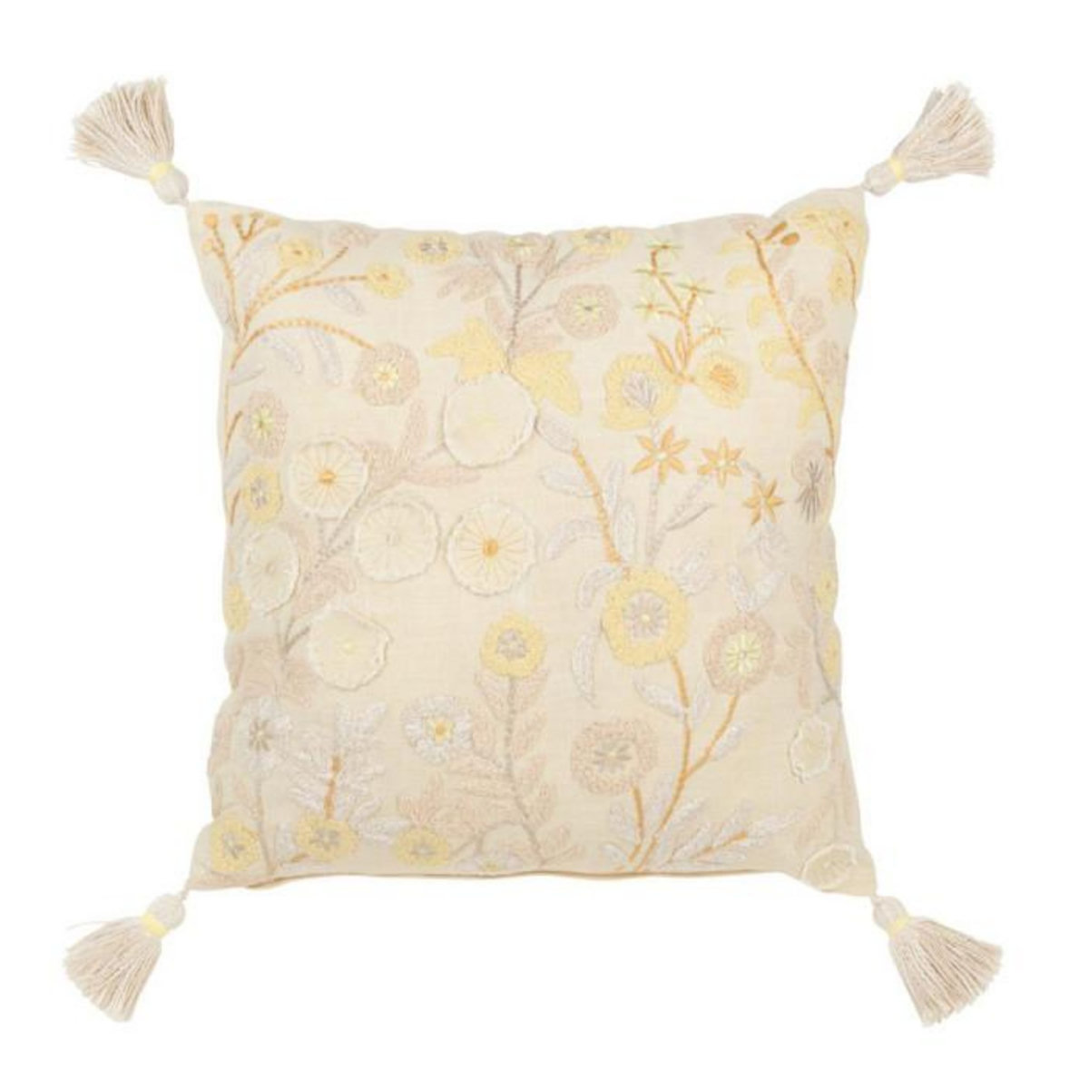 Paris Prix Coussin Déco à Pompons  Champêtre  45x45cm Jaune Clair