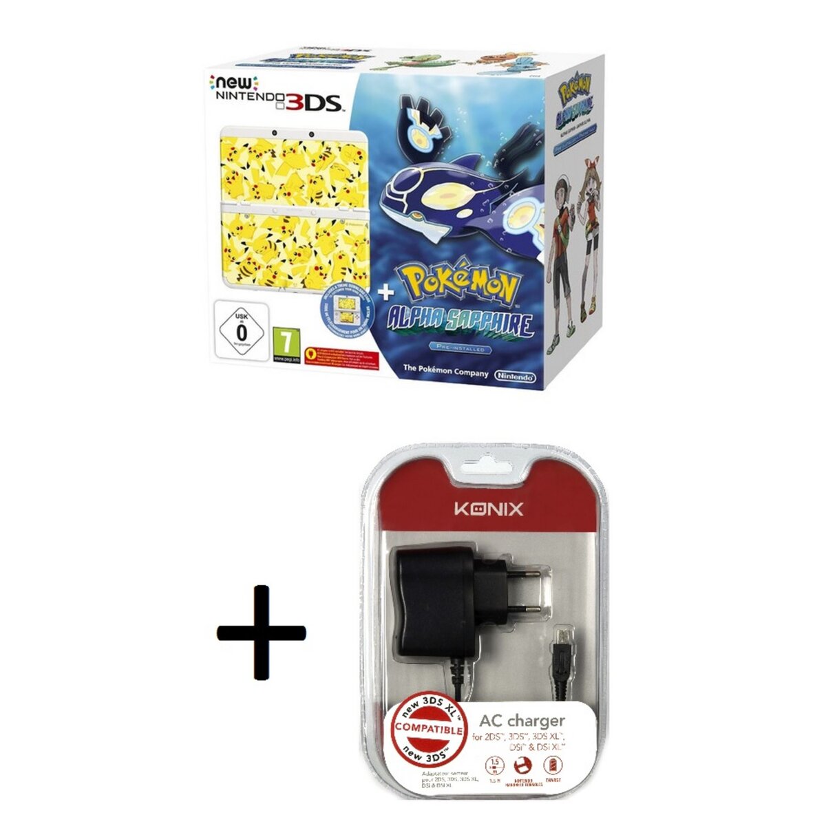 Console New Nintendo 3DS Blanche + Pokémon Saphir Alpha + Coque Pikachu + chargeur