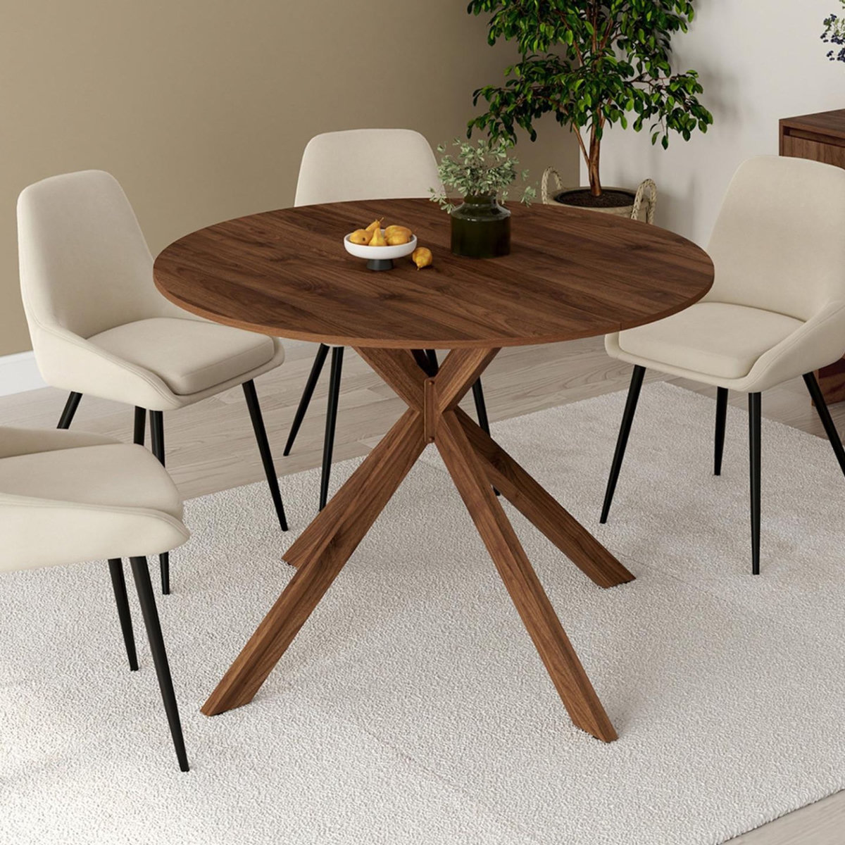 ID MARKET Table à manger extensible ronde ALIX 4-8 personnes pied araignée noyer 110-150 cm