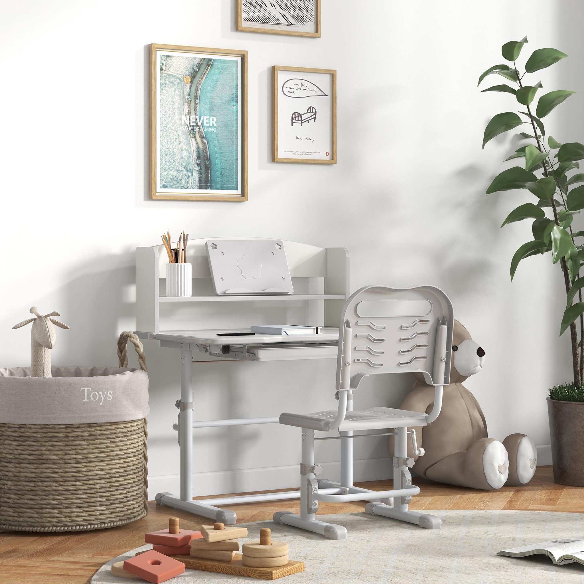 Voir la diapositive 2 : HOMCOM Bureau enfant avec chaise - ensemble bureau et chaise réglable - support lecture, tablette, étagère - gris blanc