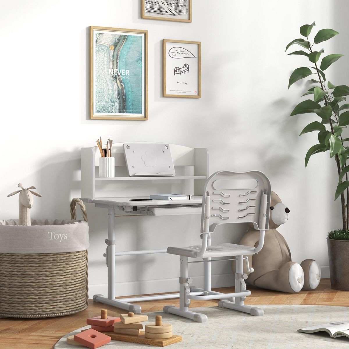 HOMCOM Bureau enfant avec chaise - ensemble bureau et chaise réglable - support lecture, tablette, étagère - gris blanc