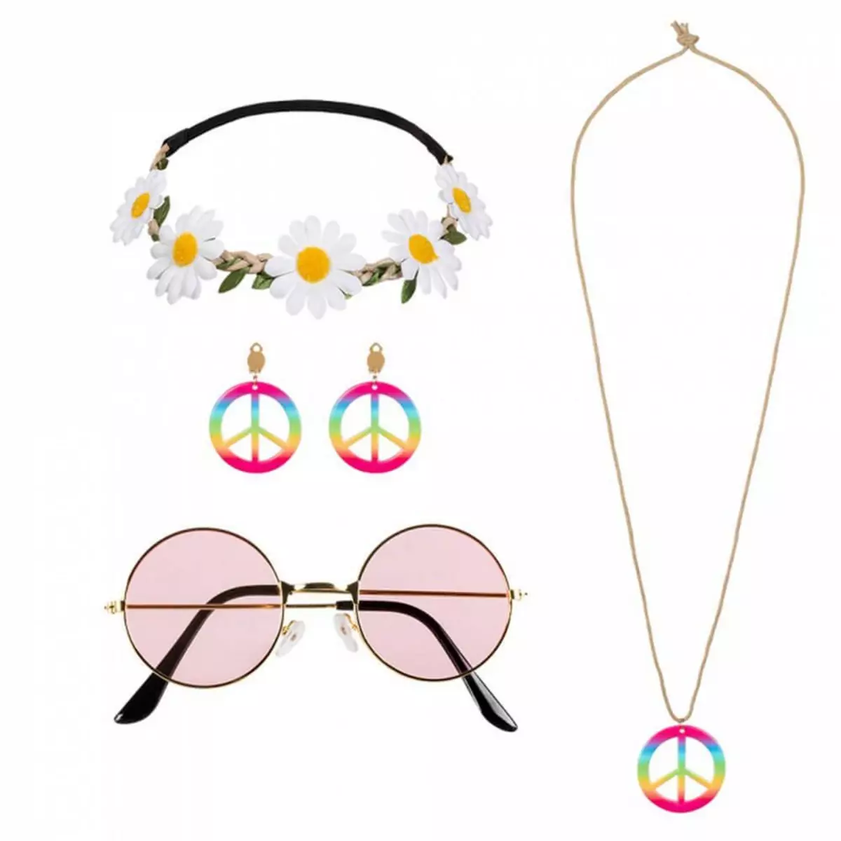 Boland Set accessoires hippie (bandeau, lunettes, boucles d'oreilles et collier)