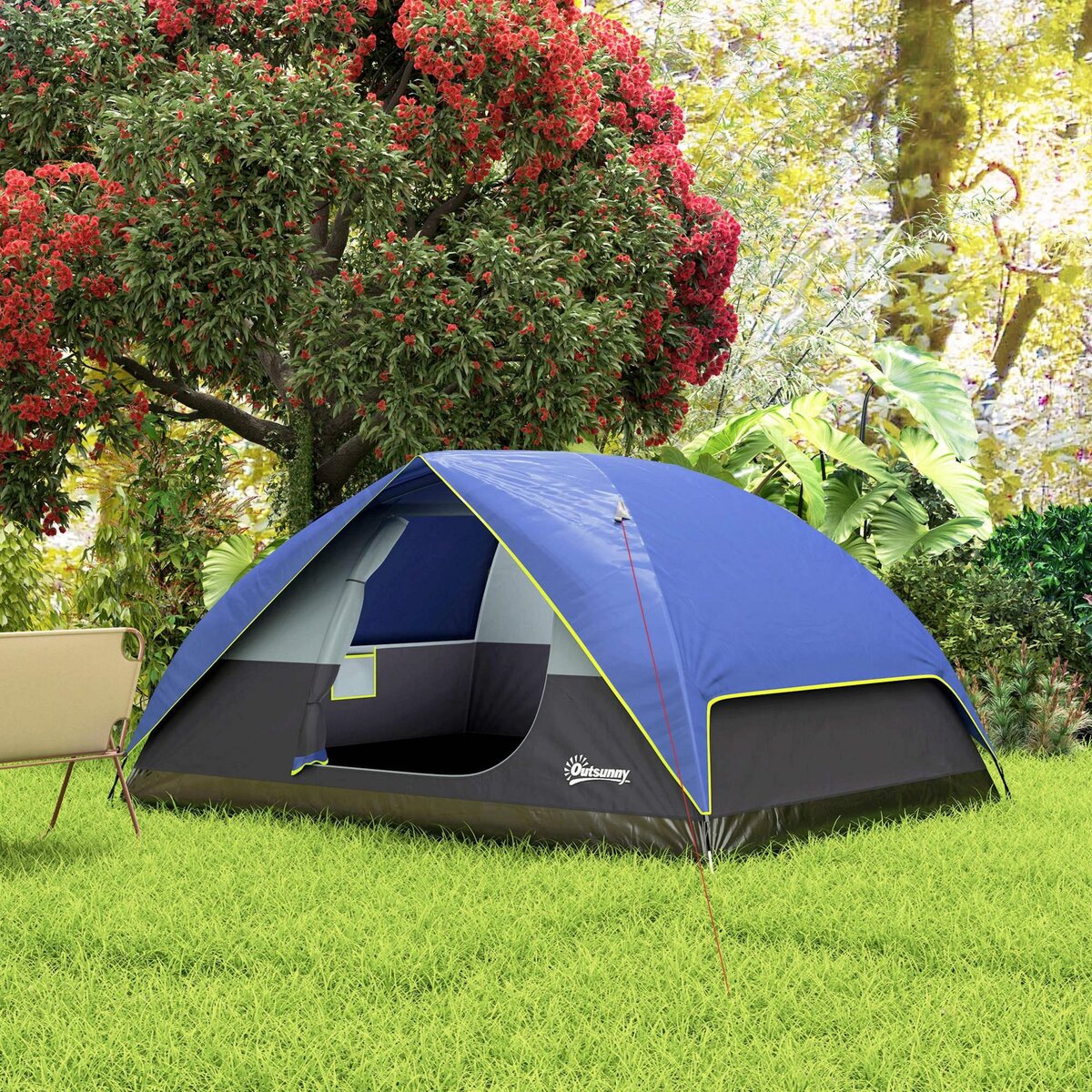 OUTSUNNY Tente de camping 2-4 personnes - fenêtre, 2 poches, port d'alimentation, sac de transport - bleu foncé