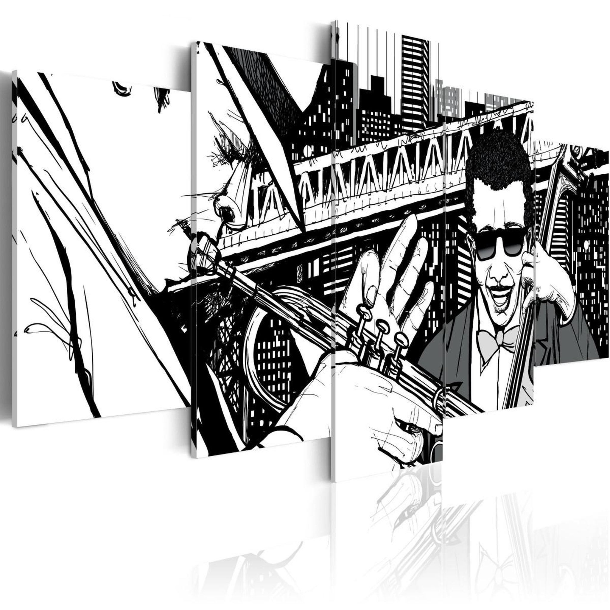 Paris Prix Tableau 5 panneaux  concert de jazz sur fond de grattes-ciel new york. Coloris disponibles : Multicolore