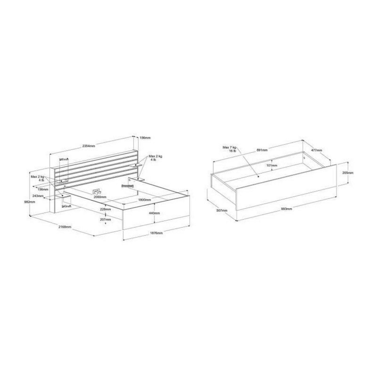 PARISOT Lit adulte ESCALE 180x200 cm - Décor chene du Japon - 2 tiroirs + Tete de lit - L235.4 x H98,2 x P216,8 cm - Fabriqué en Franc
