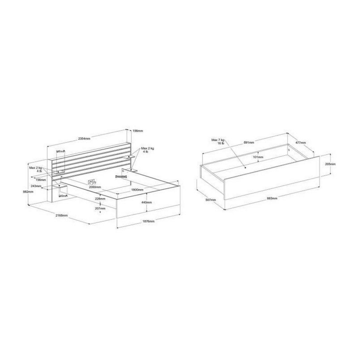 PARISOT Lit adulte ESCALE 180x200 cm - Décor chene du Japon - 2 tiroirs + Tete de lit - L235.4 x H98,2 x P216,8 cm - Fabriqué en Franc
