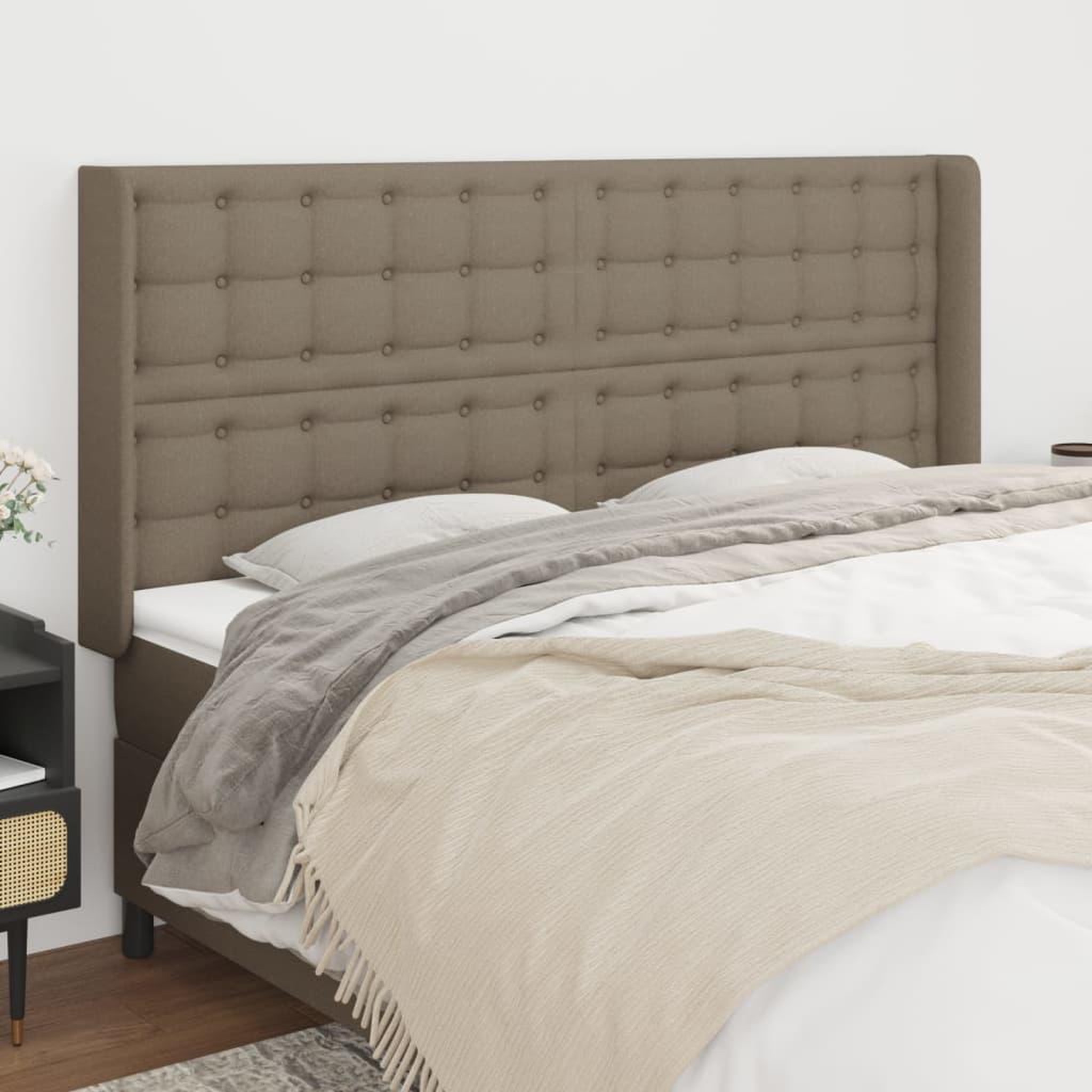 Voir la diapositive 1 : VIDAXL Tete de lit avec oreilles Taupe 163x16x118/128 cm Tissu