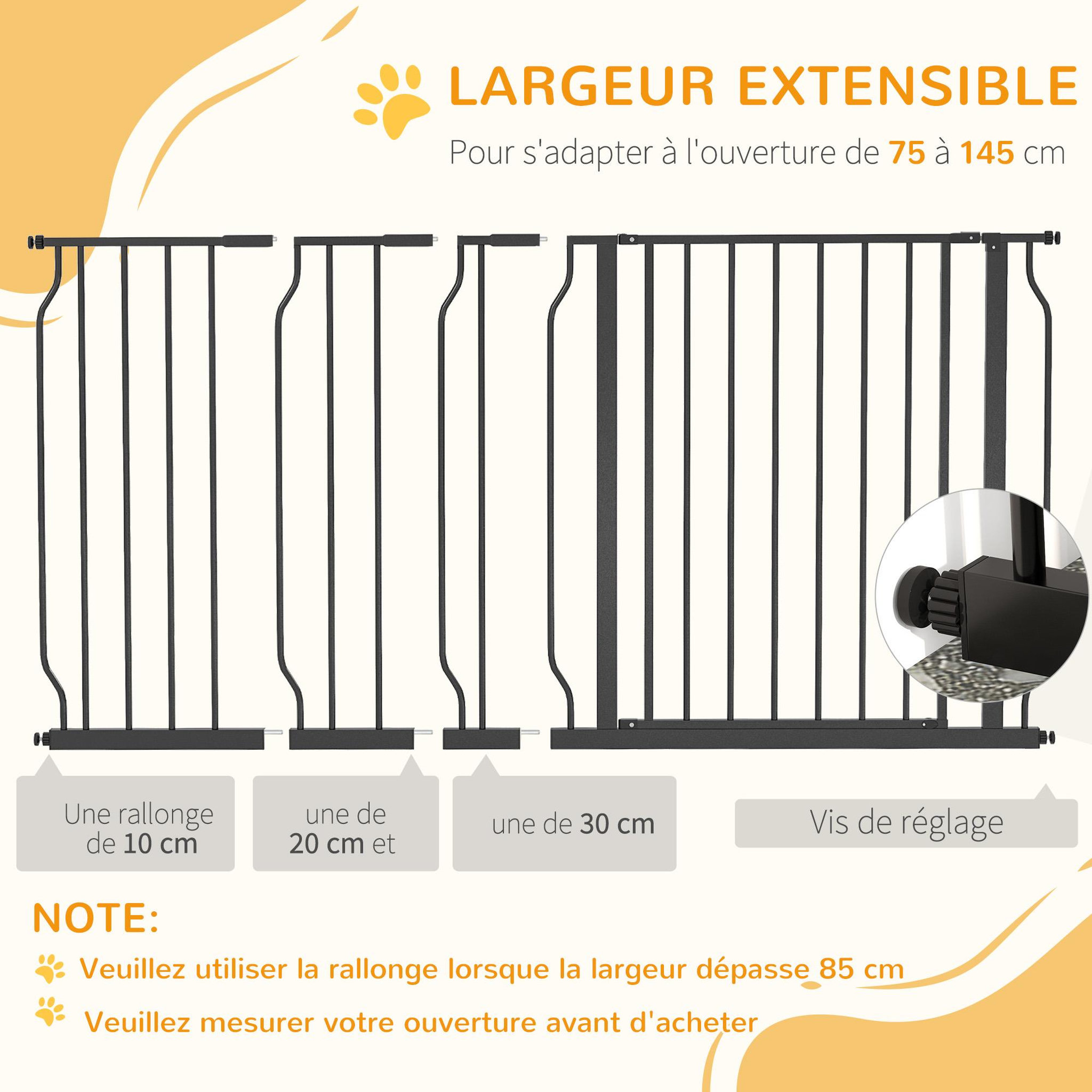 Voir la diapositive 6 : PAWHUT Barrière de sécurité animaux - longueur réglable dim. 75-145 cm - porte double verrouillage, ouverture double sens -sans perçage - acier abs noir