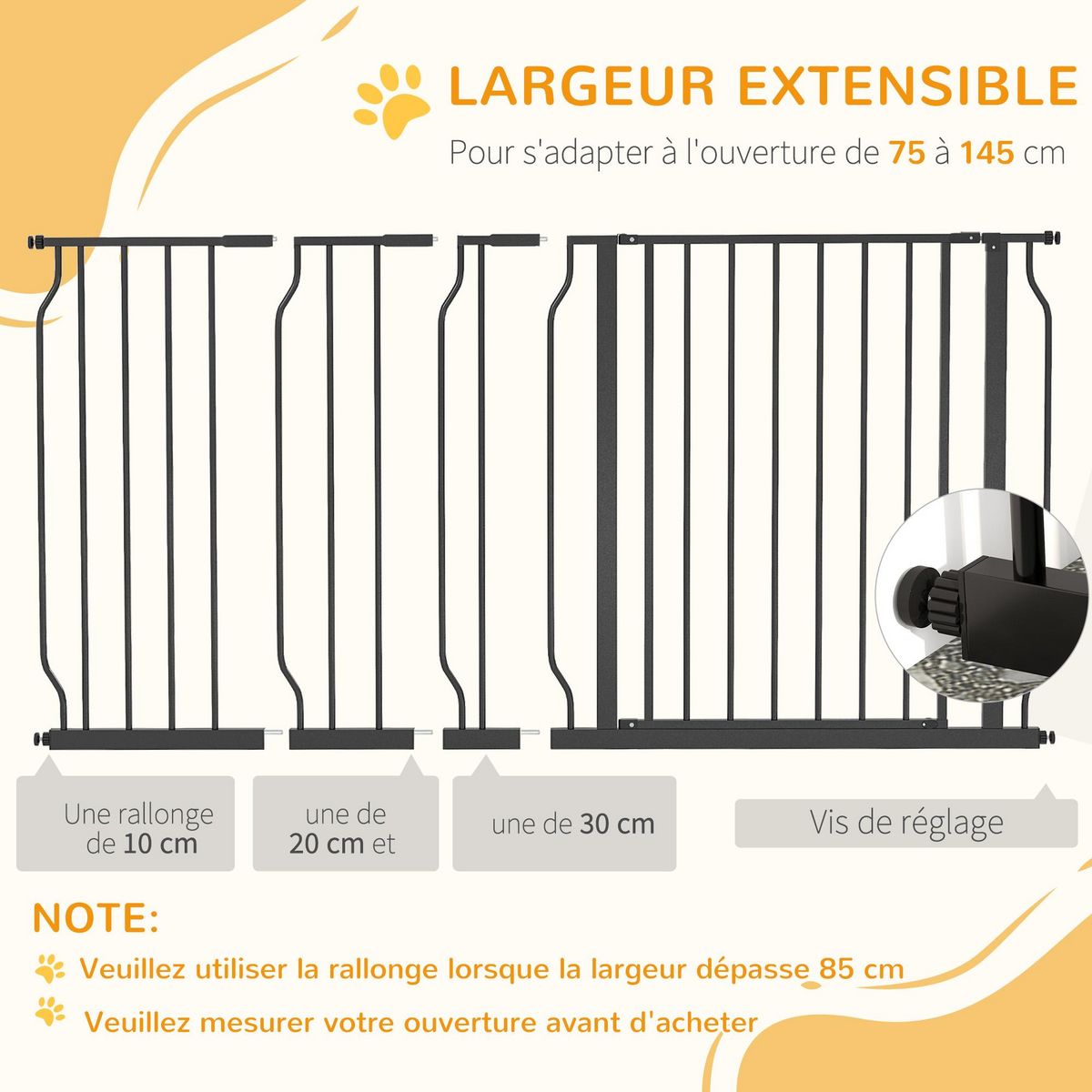 PAWHUT Barrière de sécurité animaux - longueur réglable dim. 75-145 cm - porte double verrouillage, ouverture double sens -sans perçage - acier ABS noir