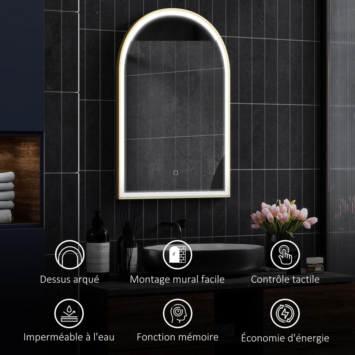 HOMCOM Miroir lumineux LED arqué de salle de bain 90 x 60 cm - tactile, réglable, anti-buée - alu doré