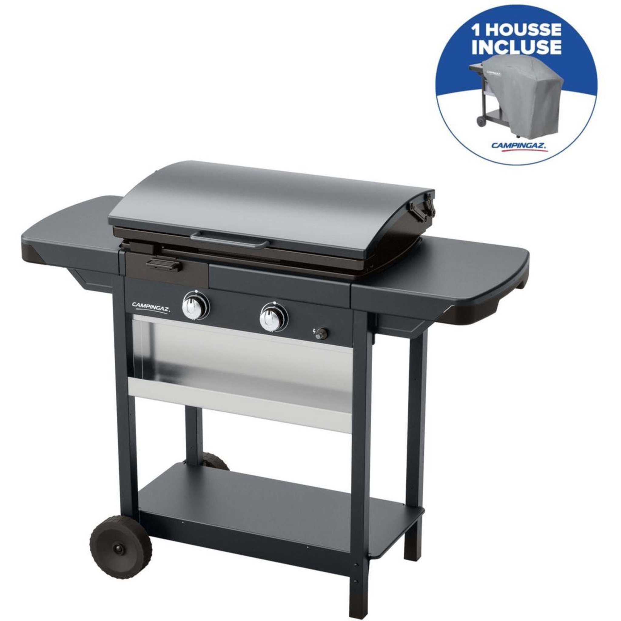 Voir la diapositive 3 : CAMPINGAZ Plancha gaz ex plus noir 2brûleurs sur chariot, 66x42cm + housse