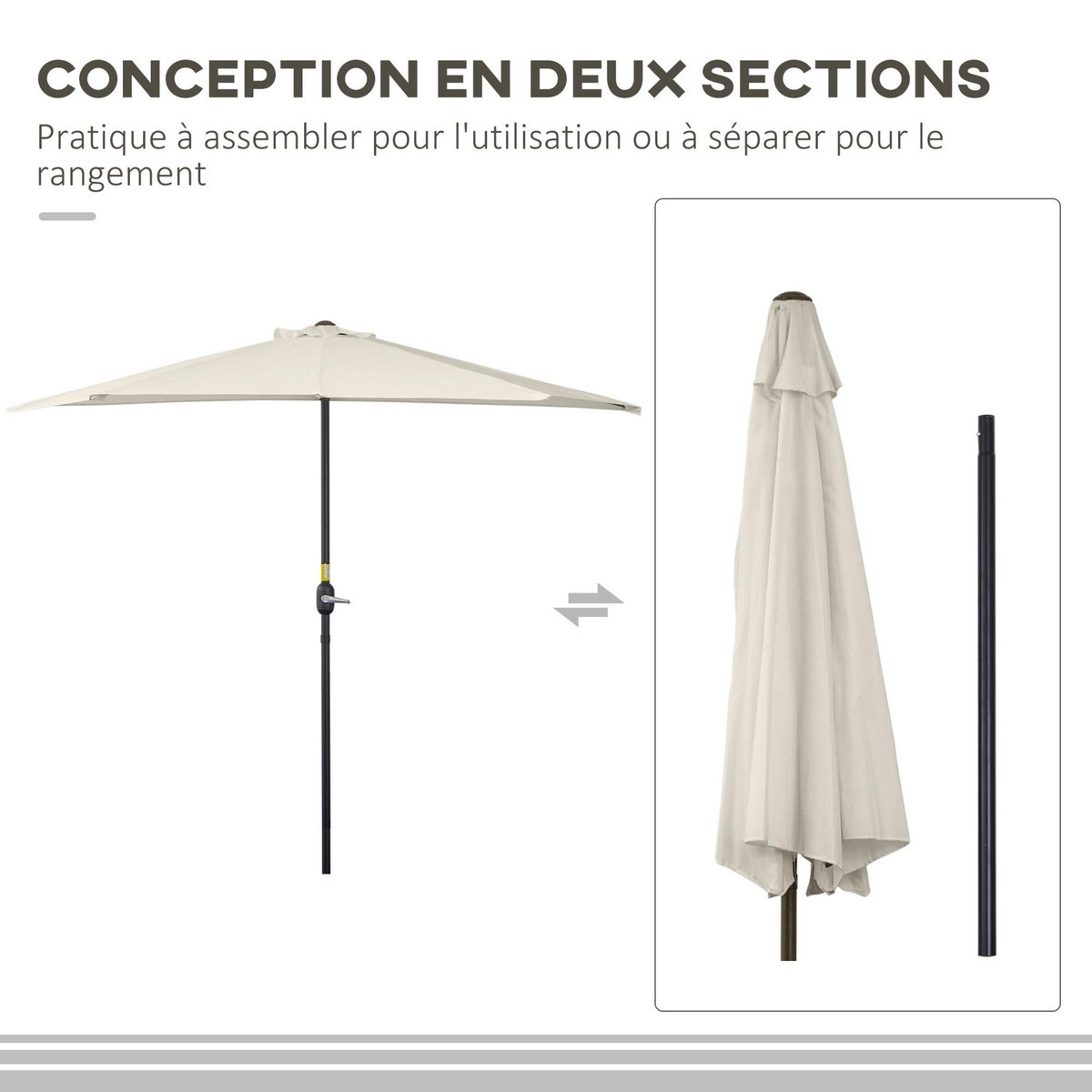 OUTSUNNY Demi parasol - parasol de balcon 5 entretoises métal - 2,93 x 1,5 x 2,49 m - polyester haute densité crème