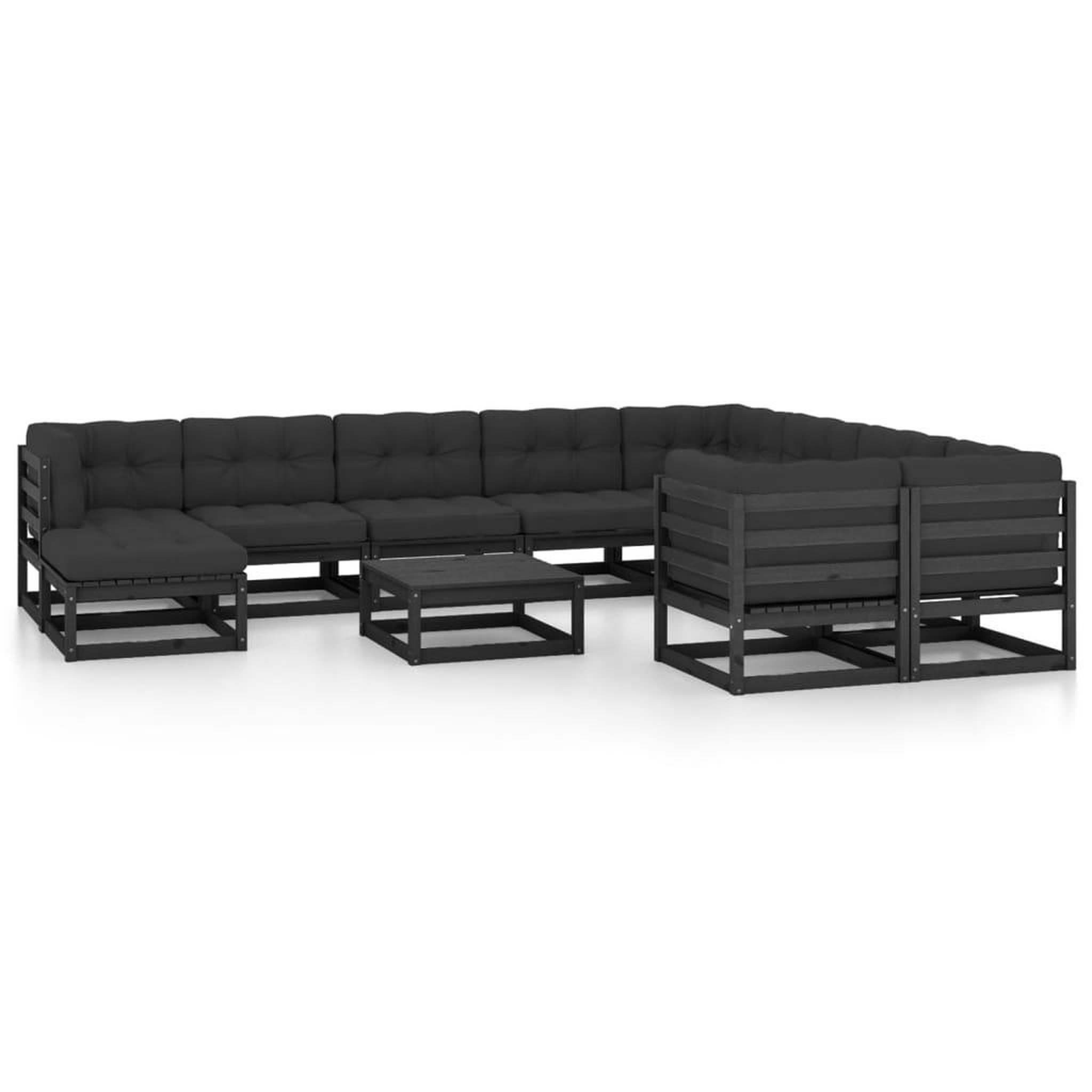 Voir la diapositive 1 : VIDAXL Salon de jardin 11 pcs avec coussins Noir Bois de pin massif