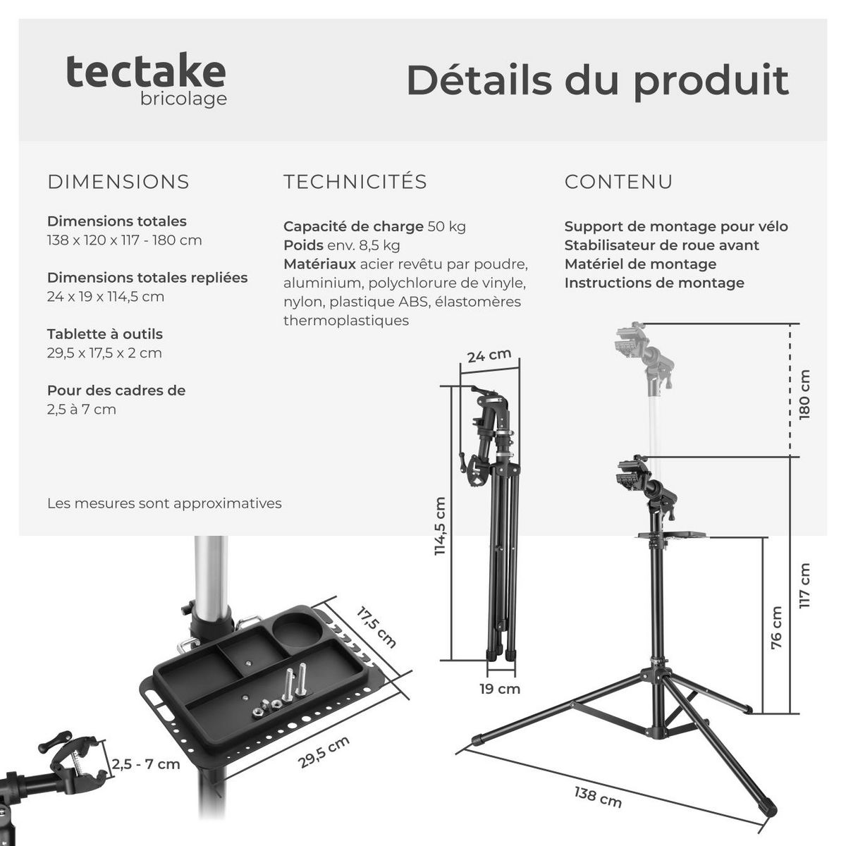 tectake Support de réparation pour vélo poids supporté 50 kg pliable avec fermetures rapides noir