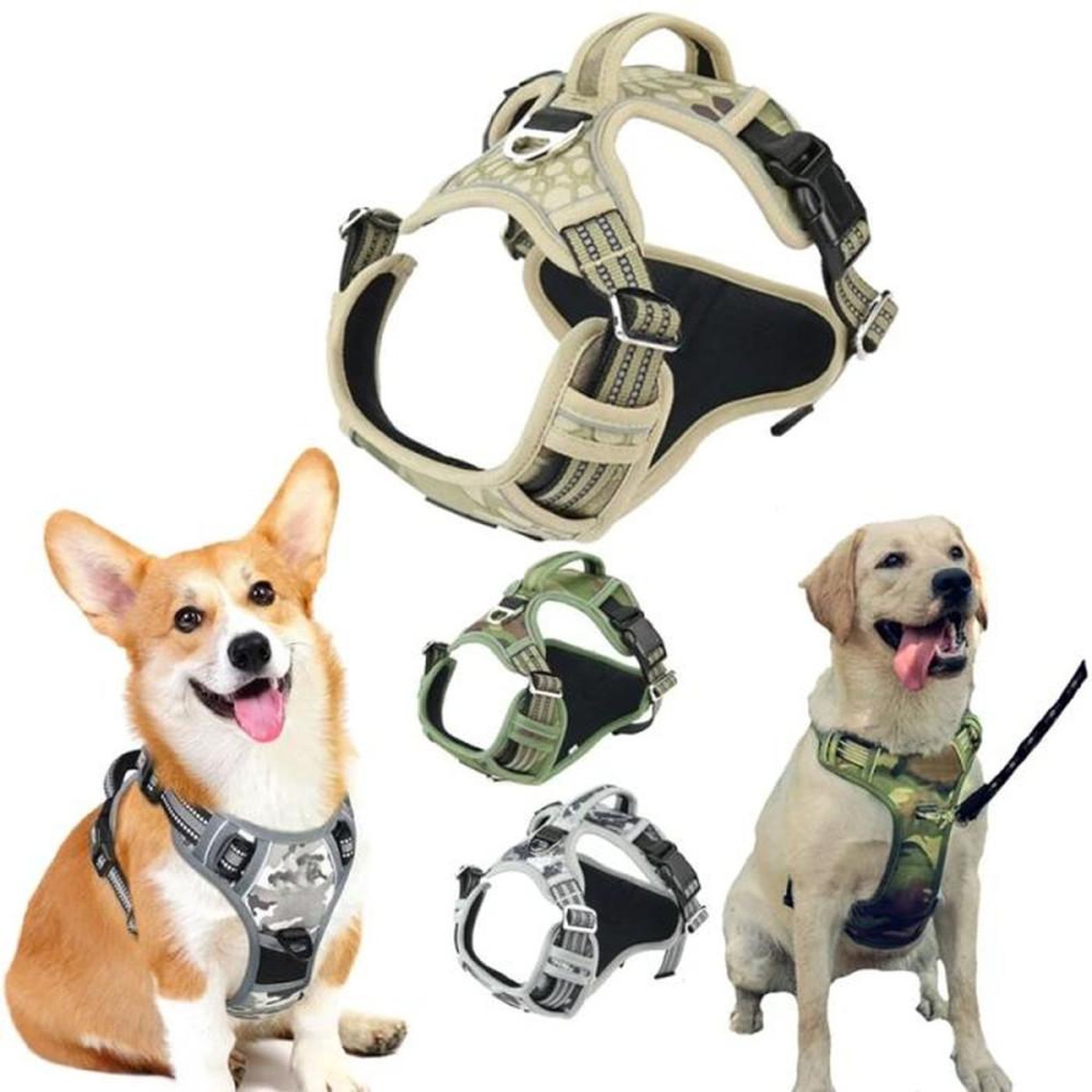 Voir la diapositive 5 : Harnais anti-traction pour chien taille M jaune avec poignée de contrôle, anneaux avant/arrière et bandes réfléchissantes