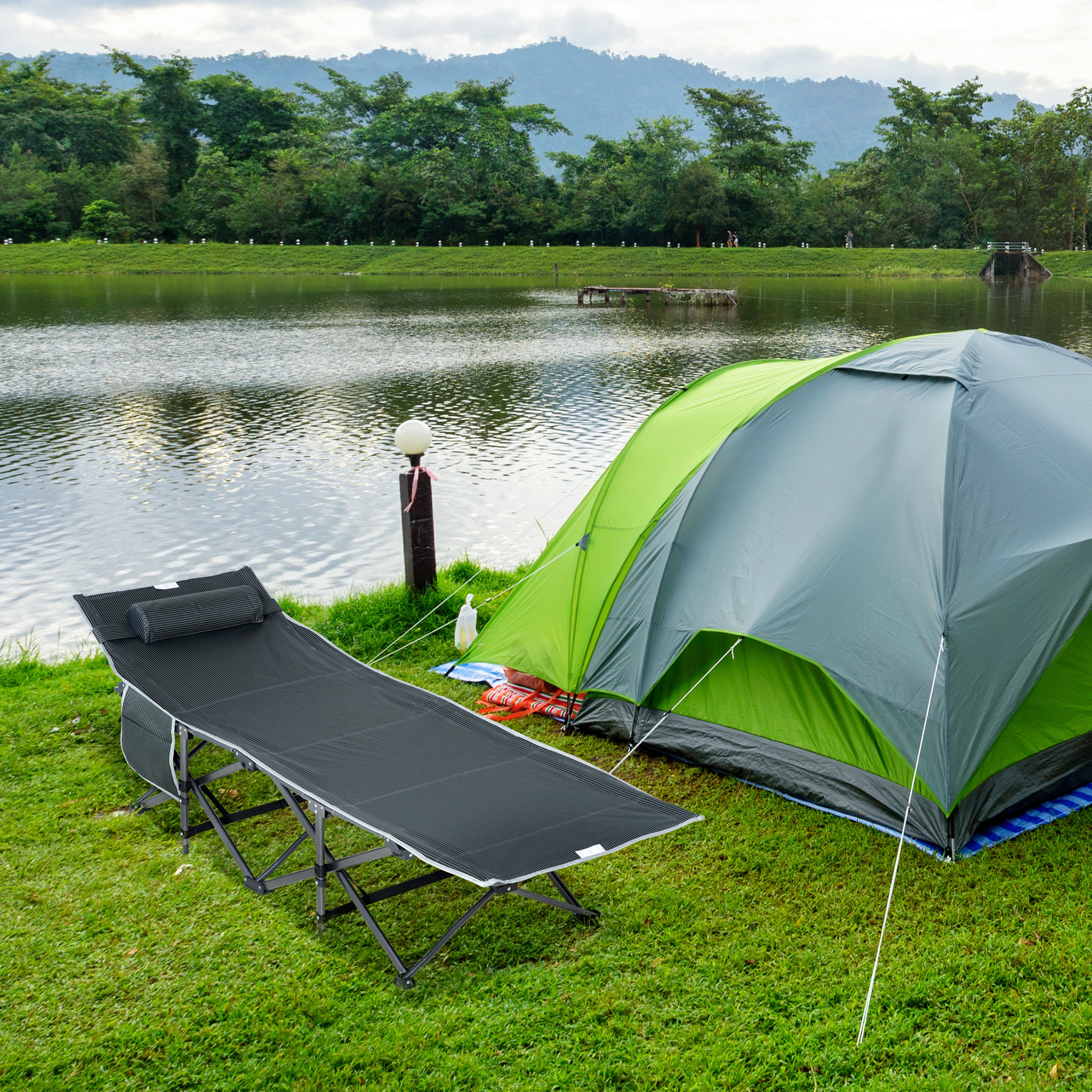 Voir la diapositive 2 : OUTSUNNY Lit de camp lit d'appoint pliable dim. 188L x 64,5l x 53H cm pochette rangement, tétière, sac de transport inclus métal Oxford gris