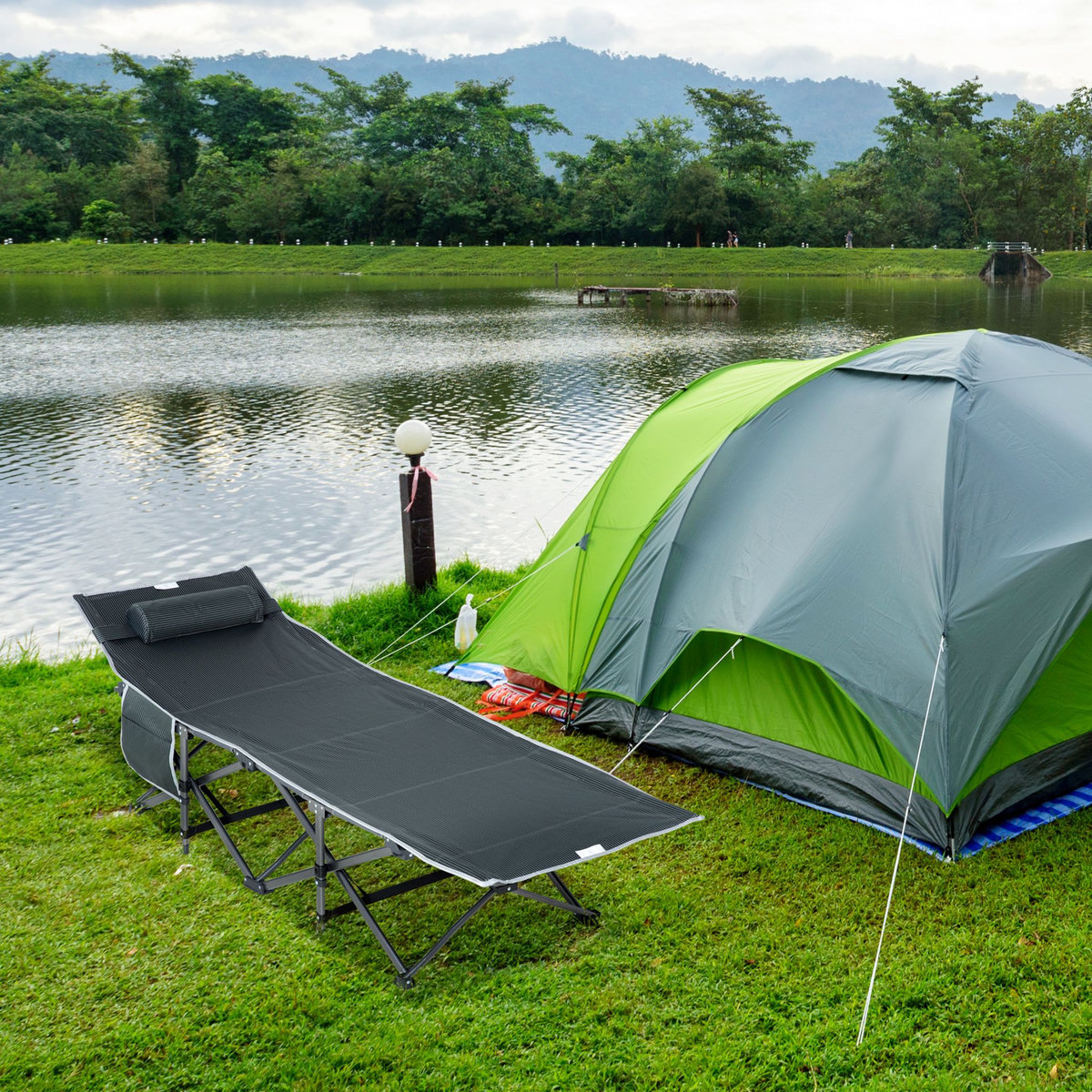 OUTSUNNY Lit de camp lit d'appoint pliable dim. 188L x 64,5l x 53H cm pochette rangement, tétière, sac de transport inclus métal Oxford gris
