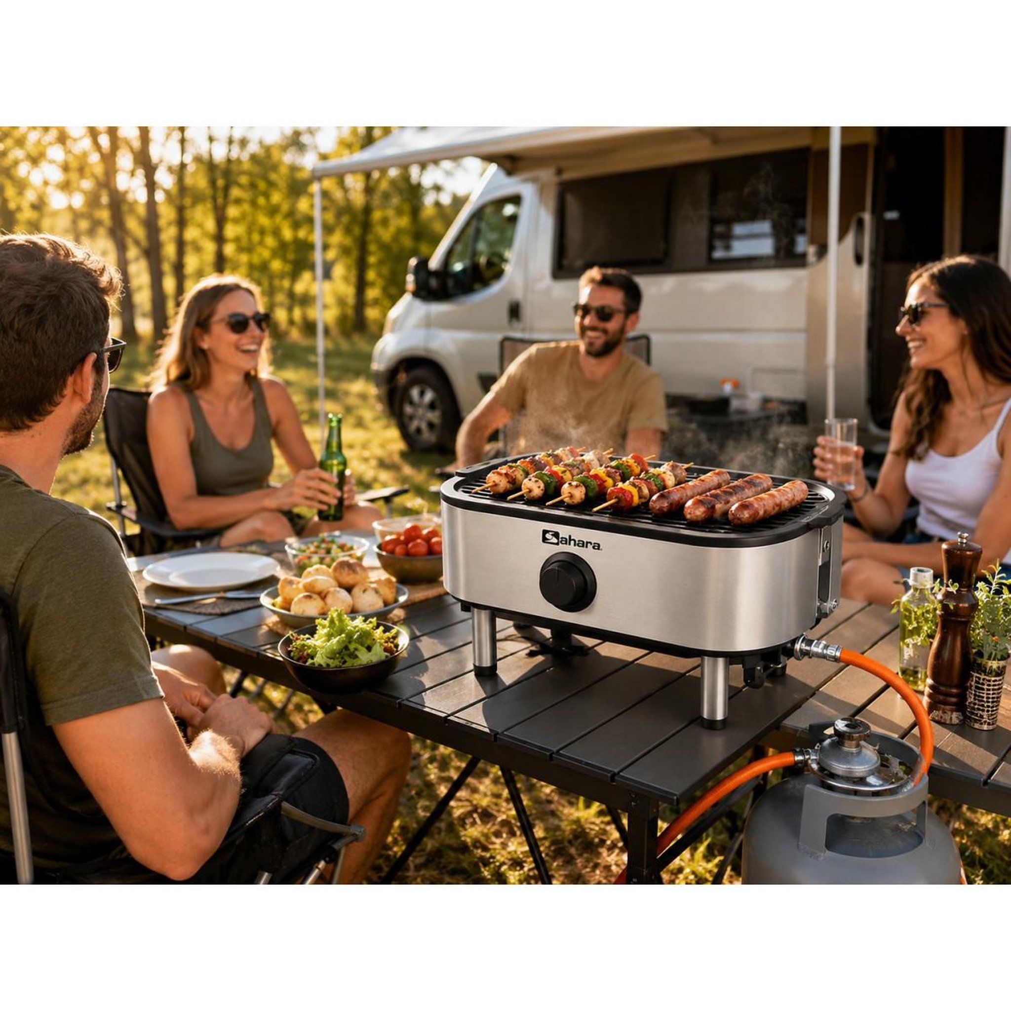 Voir la diapositive 4 : SAHARA Barbecue à gaz portable compact 2,7kw grille en fonte mini barbecue de table inox planche à découper bois 2 à 4 personnes sahara