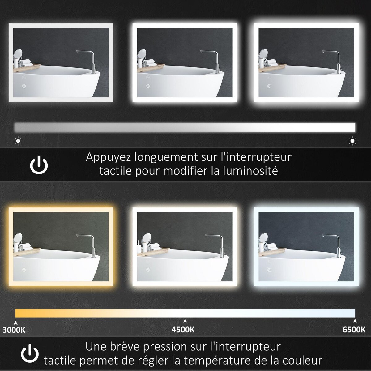 KLEANKIN Miroir mural lumineux LED de salle de bain - 70L x 50l cm - avec 3 couleurs, luminosité réglable interrupteur tactile système antibuée transparent