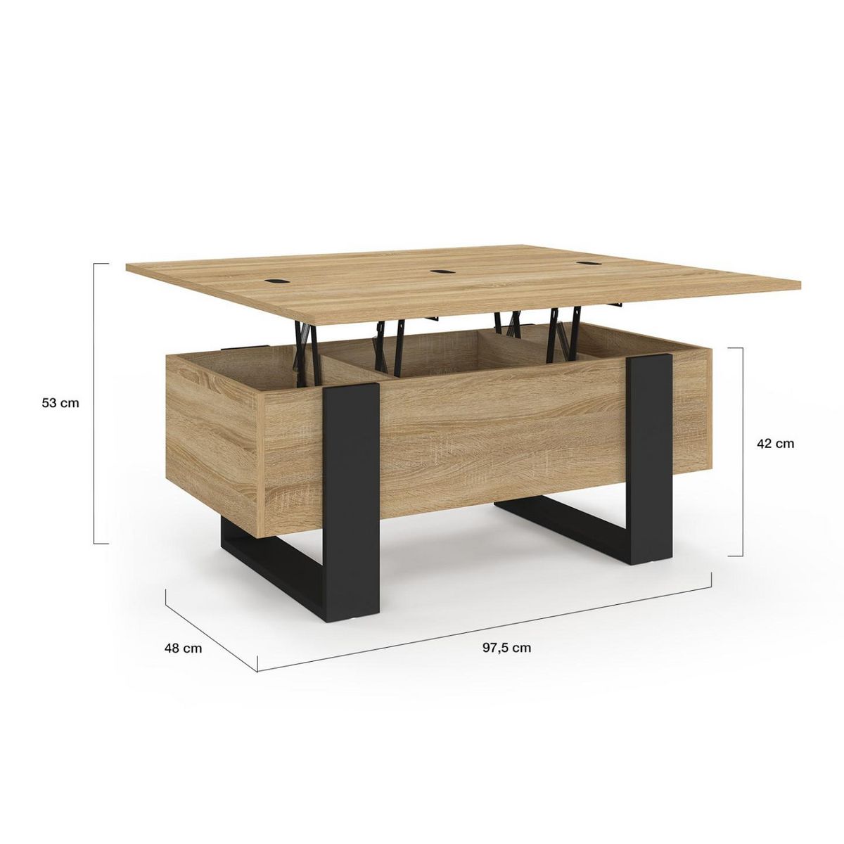 ID MARKET Table basse plateau relevable rectangulaire convertible en table à manger PHOENIX 97,5 cm bois et noir