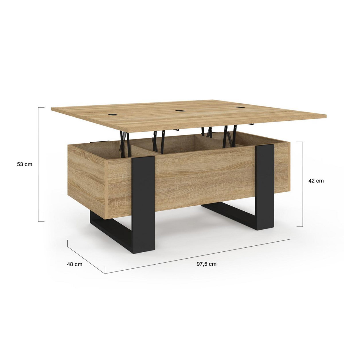 ID MARKET Table basse plateau relevable rectangulaire convertible en table à manger PHOENIX 97,5 cm bois et noir
