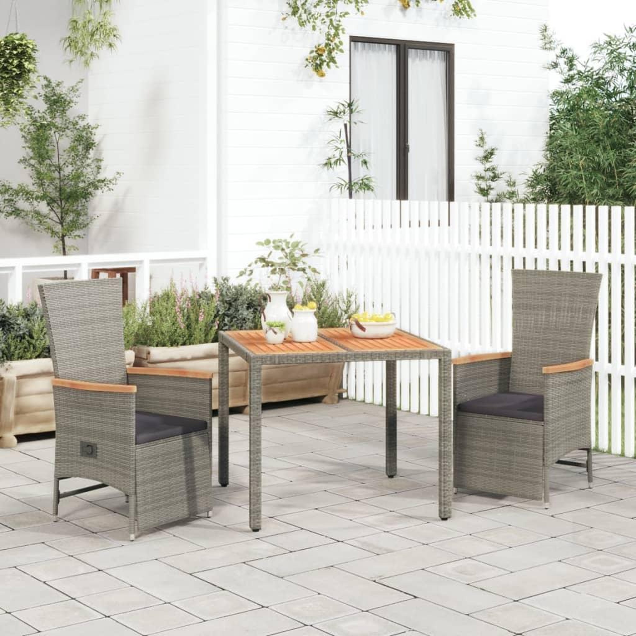 VIDAXL Ensemble a manger de jardin 3 pcs coussins gris resine tressee