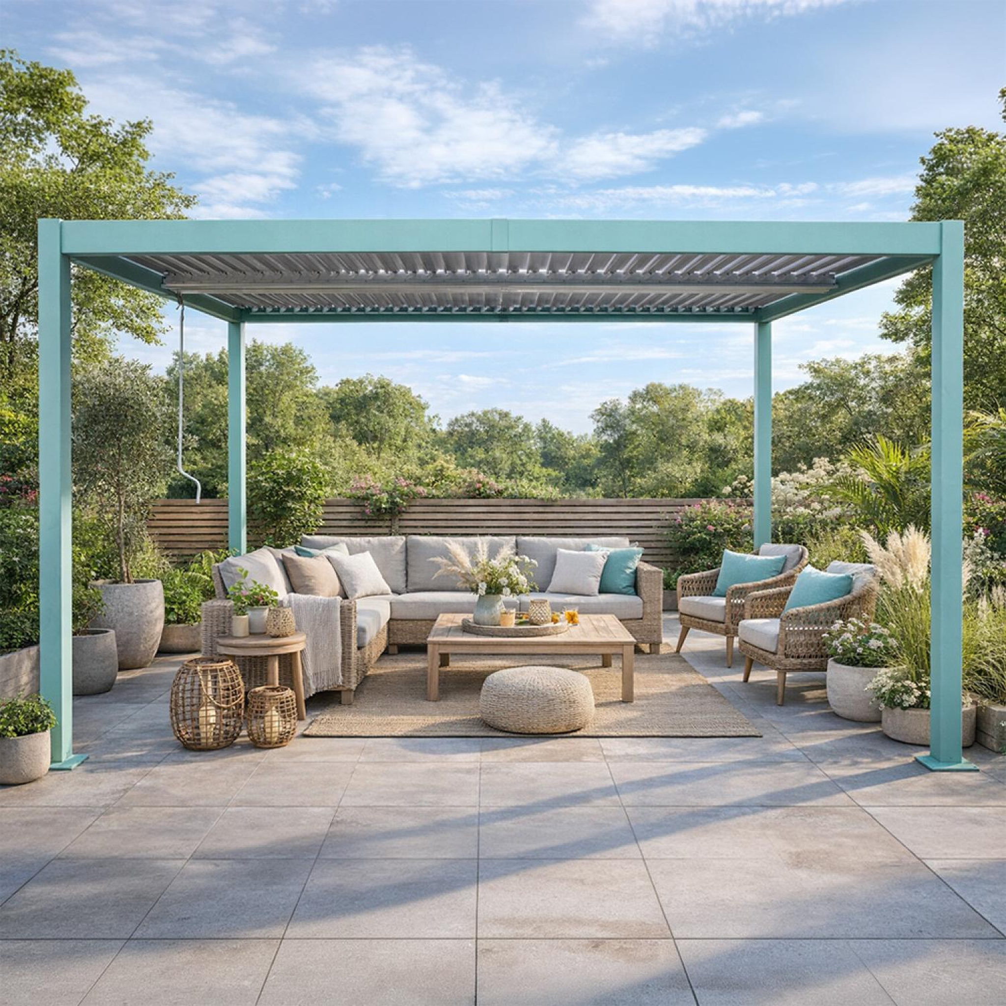 Voir la diapositive 2 : CONCEPT USINE Pergola bioclimatique 4x3m structure aluminium lames orientables verte corfu
